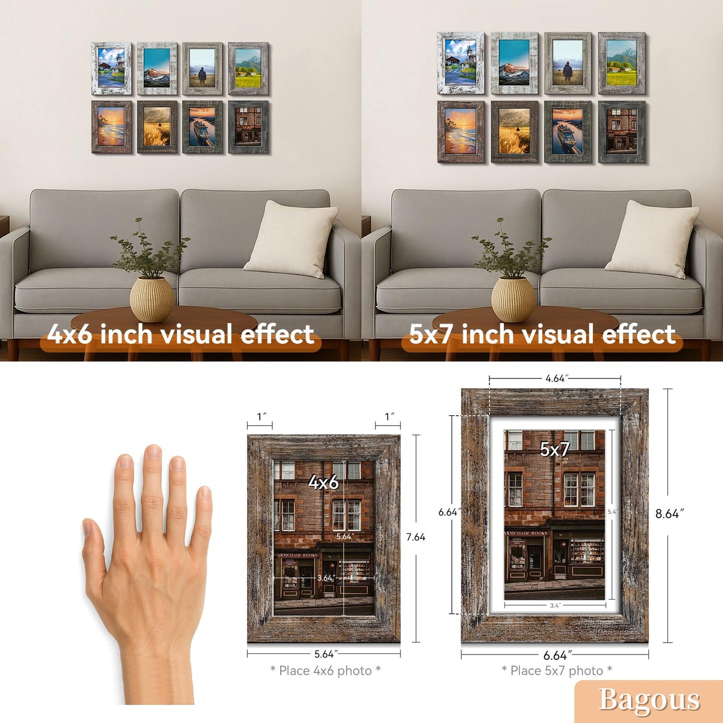 Bagous 5x7 Picture Frames Set of 8, Vintage Rustic Farmhouse Industrial Style Photo Frames, High Definition Real Glass, for Tabletop or Wall Hanging