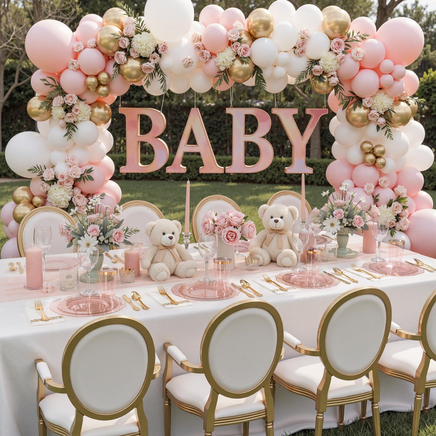 KIRE 210Pcs Clear Pink Plastic Plates with Gold Rim - Disposable Pink Plates for Party - 30 for Dinner 30 for Dessert 90 Silverware 30 Napkins 30Cups for Upscale Wedding/Party/Baby Shower
