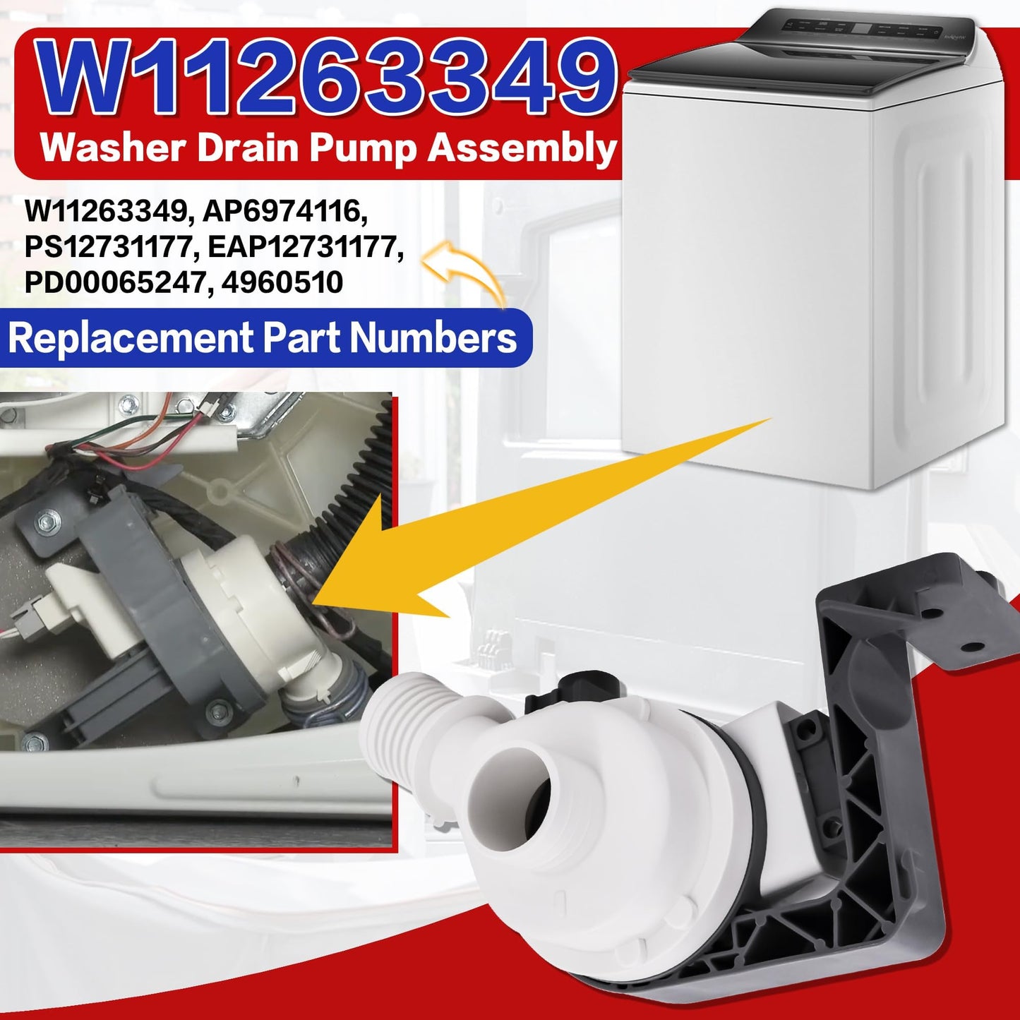 Washer Drain Pump Assembly W11263349, Fit Models WTW5100HC0, WTW5100HW0 WTW5105HC0 WTW5105HW0 WTW6120HC0 WTW6120HW0 WTW7120HC0 WTW7120HW0 WTW8120HC0 WTW8127LW0, Drain Pump Fit for Whirl-pool May-tag