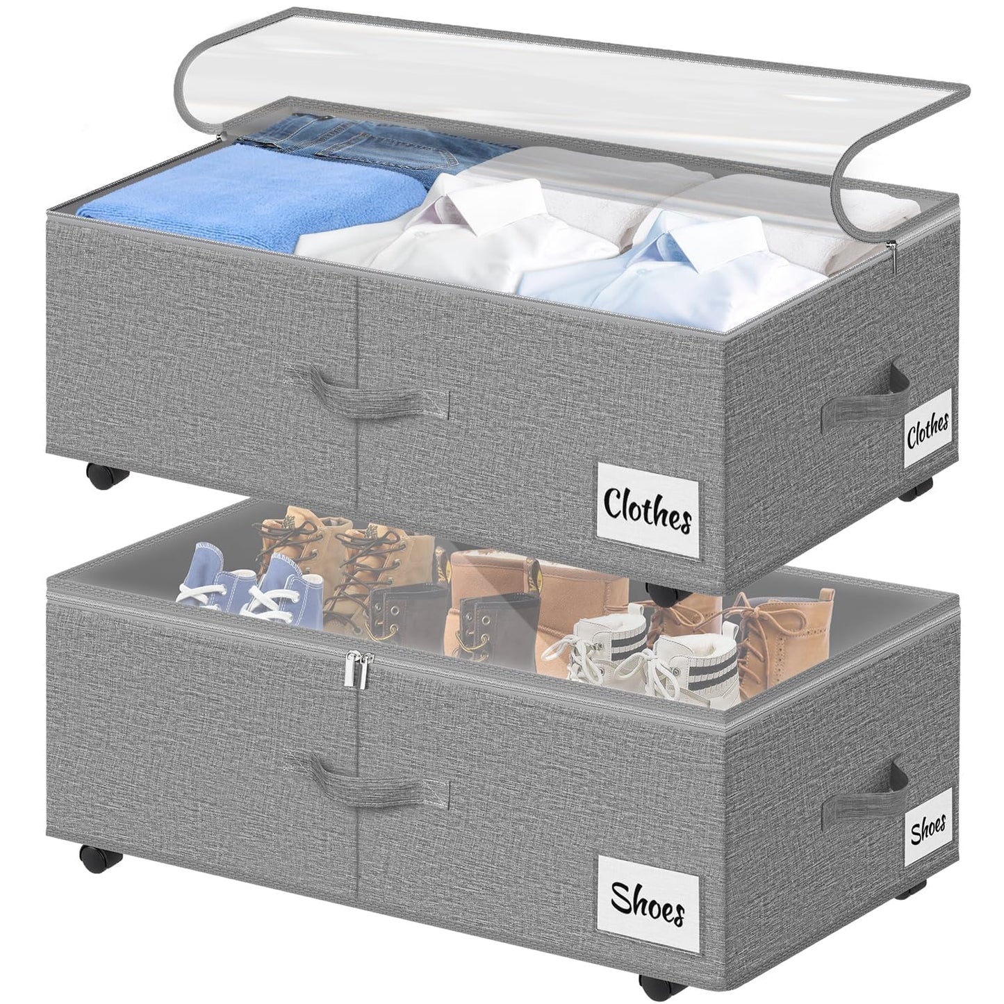 Under Bed Storage with Wheels, 2-Pack 10" Height XXL 75L Rolling Storage Bins, Quick Assembly Underbed Shoe Storage Containers with Clear Lid & Label, Dorm Under Bed Drawers for Clothes, Shoes, Grey