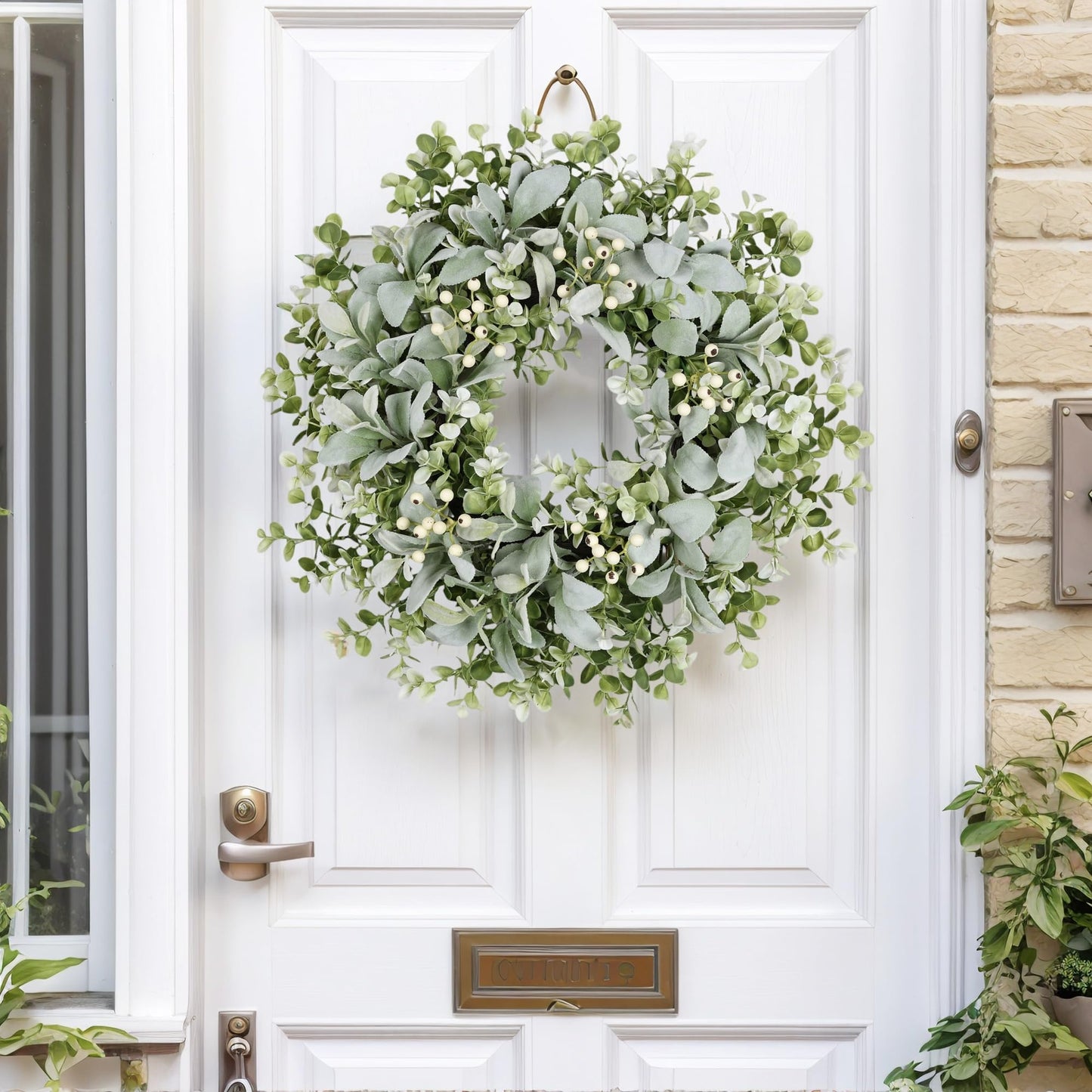 26 Inch Large Lambs Ear Wreaths for Front Door Spring Summer Lambs Leaves with White Berries, Artificial Greenery for Farmhouse Porch Wall Living Room Home Widding Decor for All Seasons Wreaths