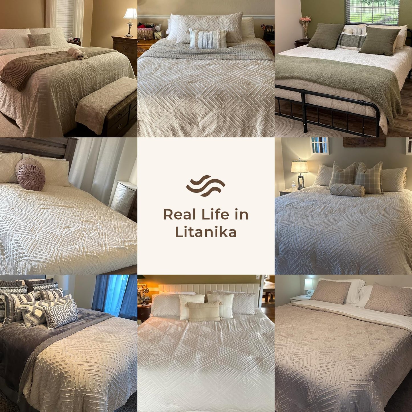 Litanika King Size Comforter Set Beige, 3 Pieces Cream Tufted Boho Farmhouse Bedding Comforter Sets, Lightweight Fluffy Comforter Bed Set for All Season (104x90In Comforter and 2 Pillowcases)