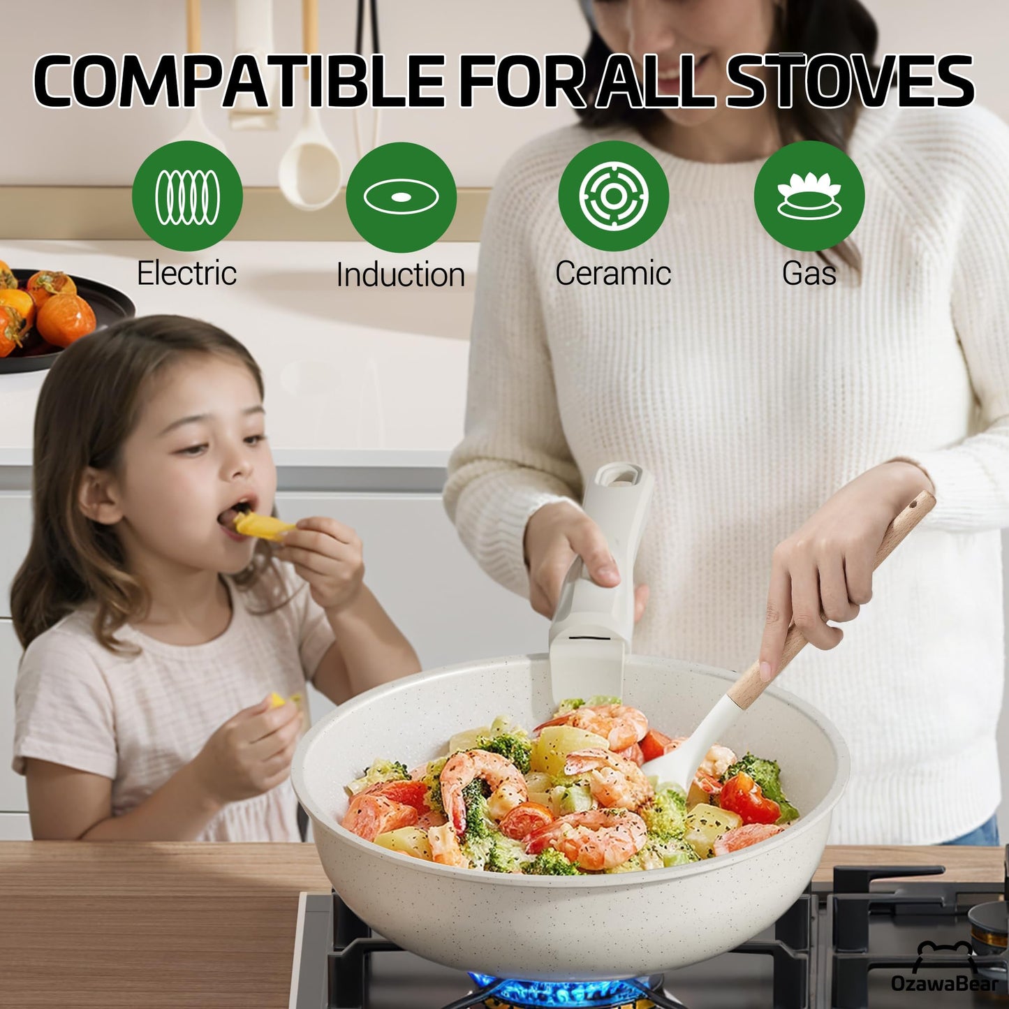 OzawaBear 23 Pcs Pots and Pans Set Non Stick, Ceramic Cookware Set Non Toxic with Detachable Handles, Healthy Induction Cookware Oven Safe RV Kitchen Set, PFAS PFOA & PTFE Free, Cream White