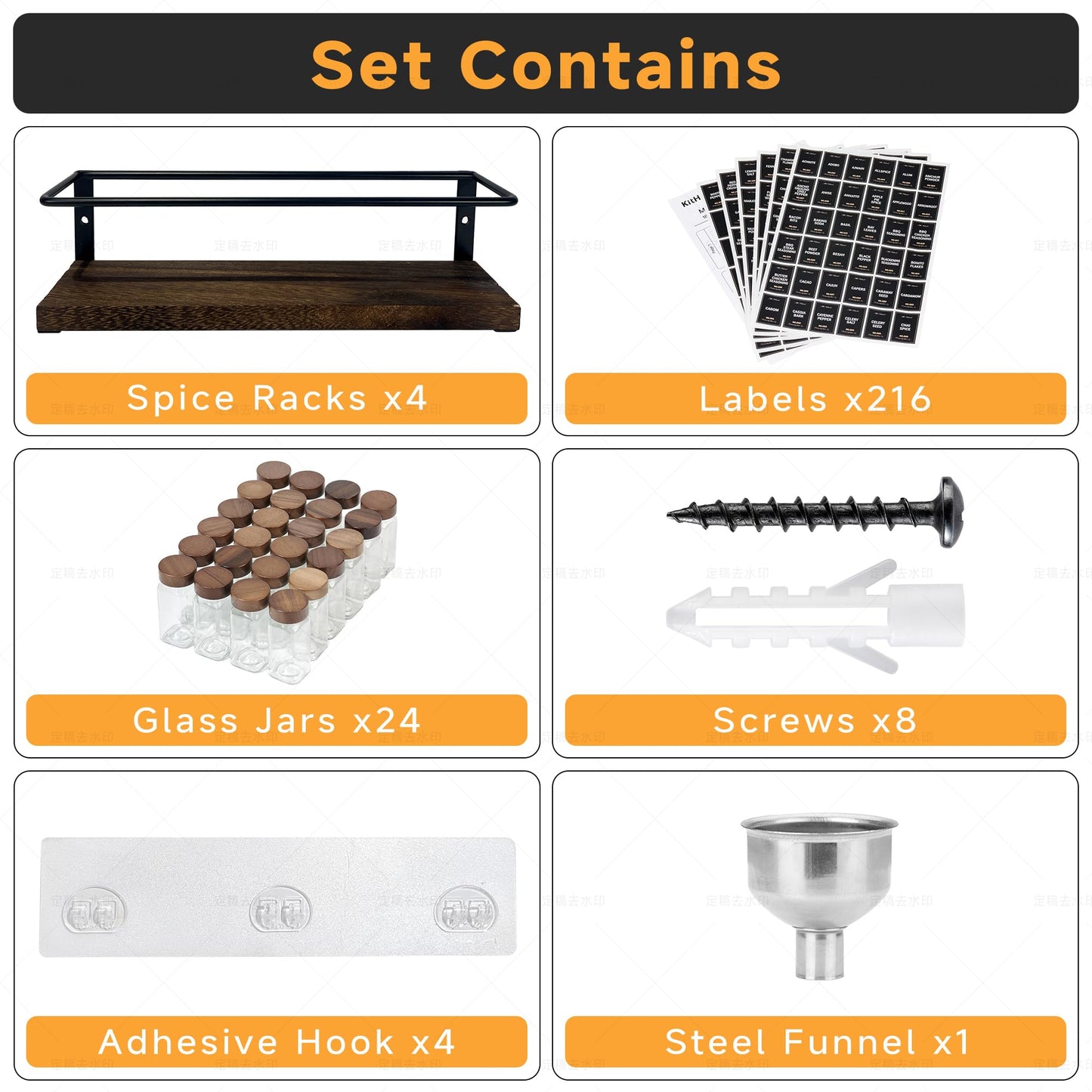 KitHero 4-Tier Wall Mount Spice Rack Organizer with 24 Glass Jars, 216 Labels & Funnel - Screw/Adhesive Mount, Black Metal & Wood Spice Storage for Kitchen Pantry Cabinet, 11.6”W x 2.4”D x 3.2”H