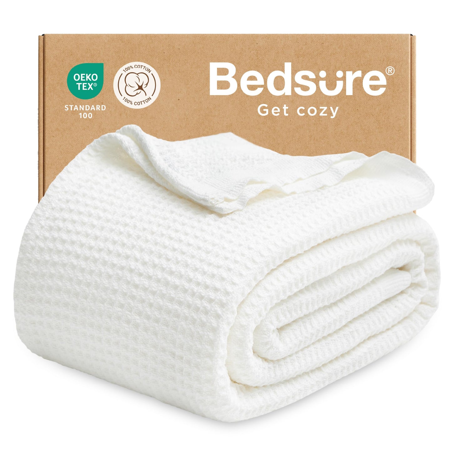 Bedsure Gentlesoft 100% Cotton Blanket Twin XL Size for College Dorm - Cooling Breathable and Soft for Summer, Waffle Weave Twin Blanket for Bed, Dorm Room Essentials, White, 66x90 inches