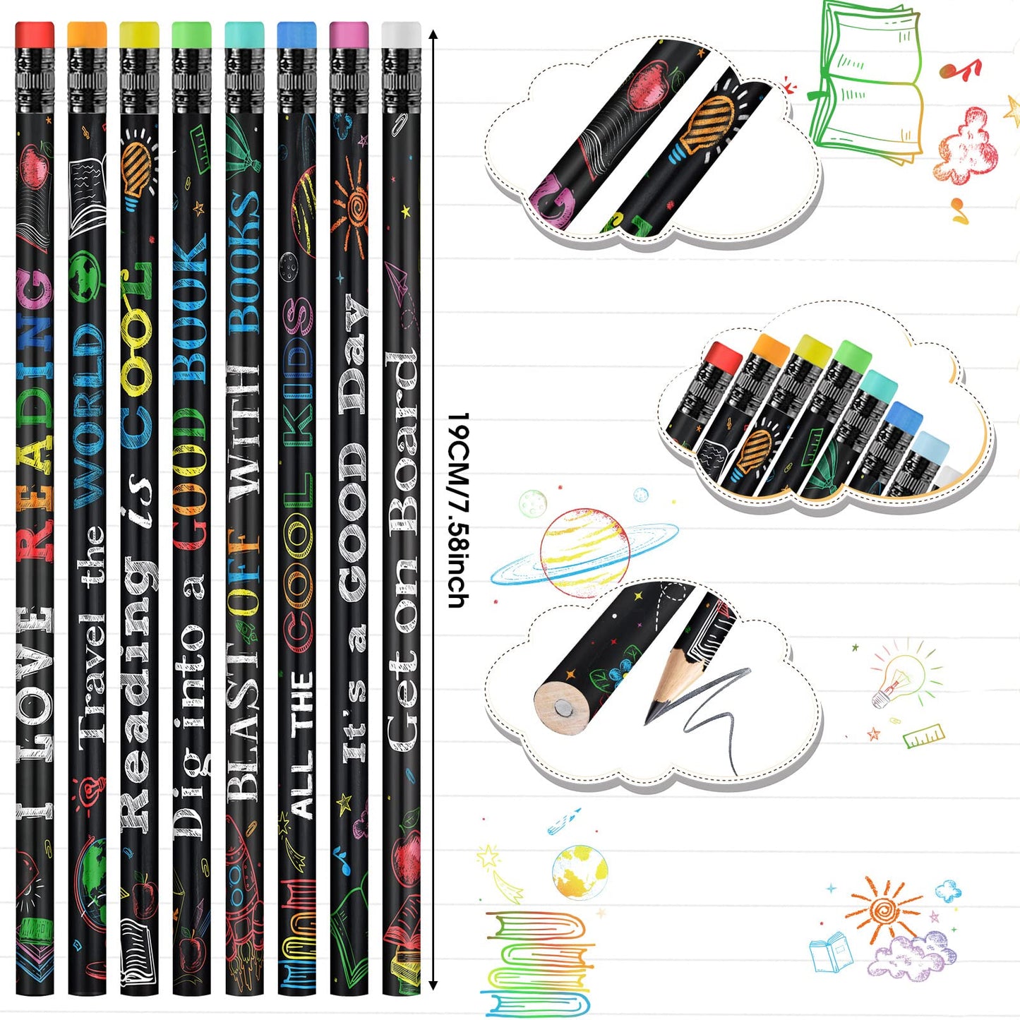 Pasimy 480 Pcs Reading Motivational Pencils Bulk Black Novelty Wooden Pencils with Eraser Classroom Inspirational Pen with Sayings for Kids Student Teacher School Reward Gifts Stationery Party