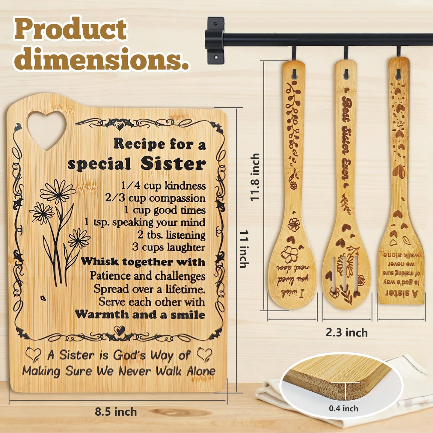 Sister Birthday Gifts - "Recipe for a Special Sister " Cutting Board Set, Bamboo-Made Engraved Utensil Set Sister Gifts from Sister or Brother (For Sister)