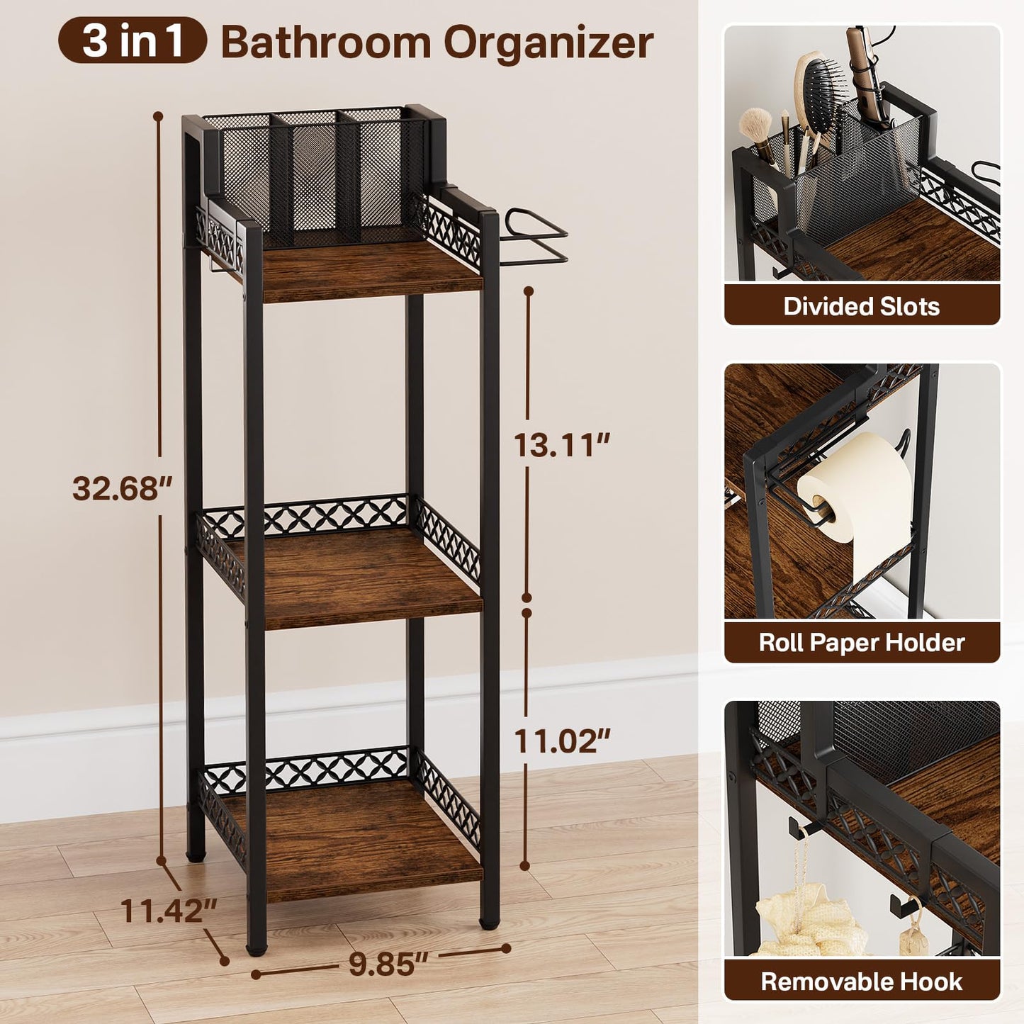 FURFUN Bathroom Storage and Organizer Shelf Hair Dryer Holder, 9.85in 3-Tier Narrow Metal Standing Rack with Toilet Paper Holder, Corner Stand for Cosmetic, Vanity, Kitchen, Laundry Rustic Brown