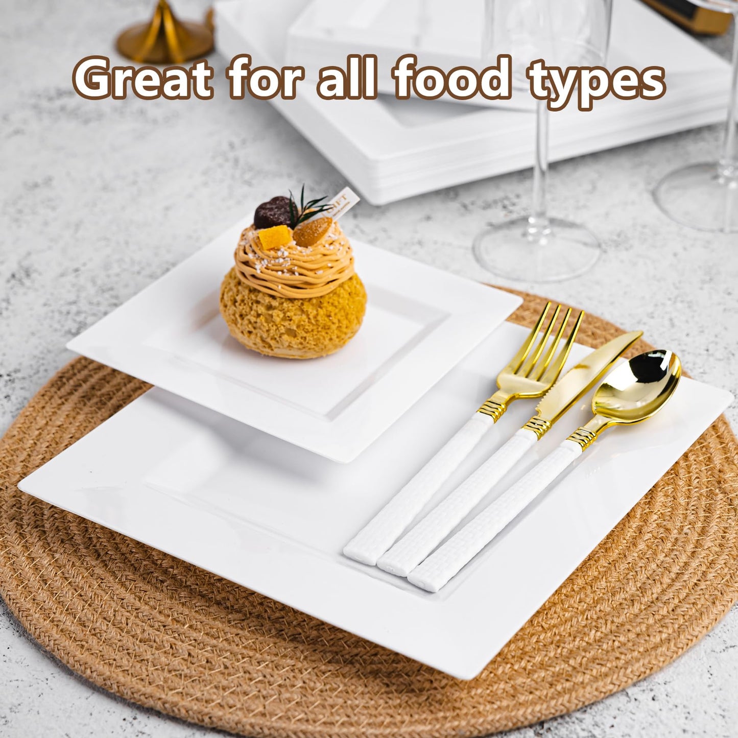 Pryntono 100 Pack White Square Plastic Plates, Includes 50 Dinner Plates 9.5" and 50 Dessert Plates 6.5", Heavy Duty Disposable Plates for Wedding, Holiday Party, Birthday, White