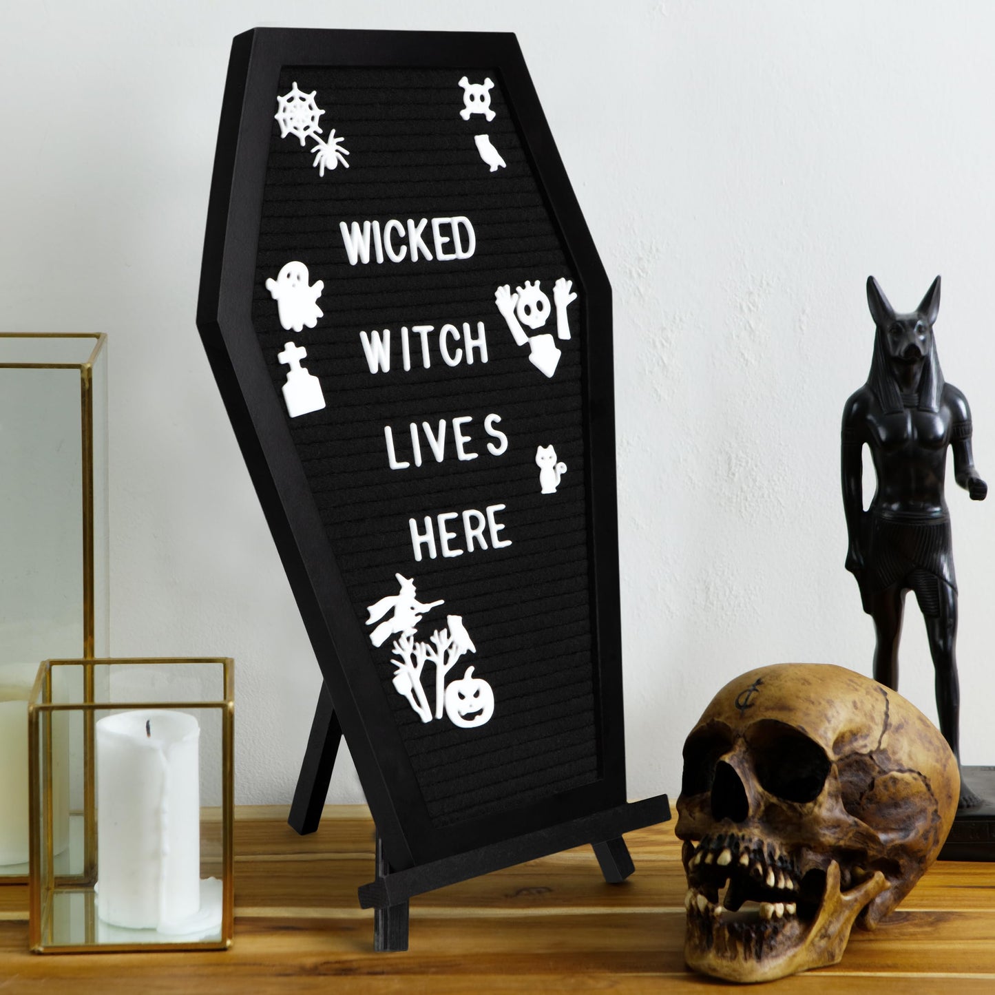 Manny's Mysterious Oddities Coffin Letter Board with Mini Coffin Board- Gothic Wedding Decor - Spooky 17x10.5 inches Felt Letter Board with 500 Precut Characters & Emojis