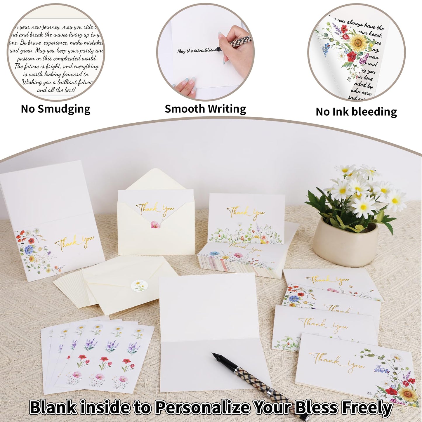 UZLU 600 PCS Wildflower Thank You Cards with Envelopes and Stickers - 4x6 Inch Floral Thank You Notes with Envelope Set - Greeting Notes with Envelopes for Wedding, Baby & Bridal Showers, Birthday