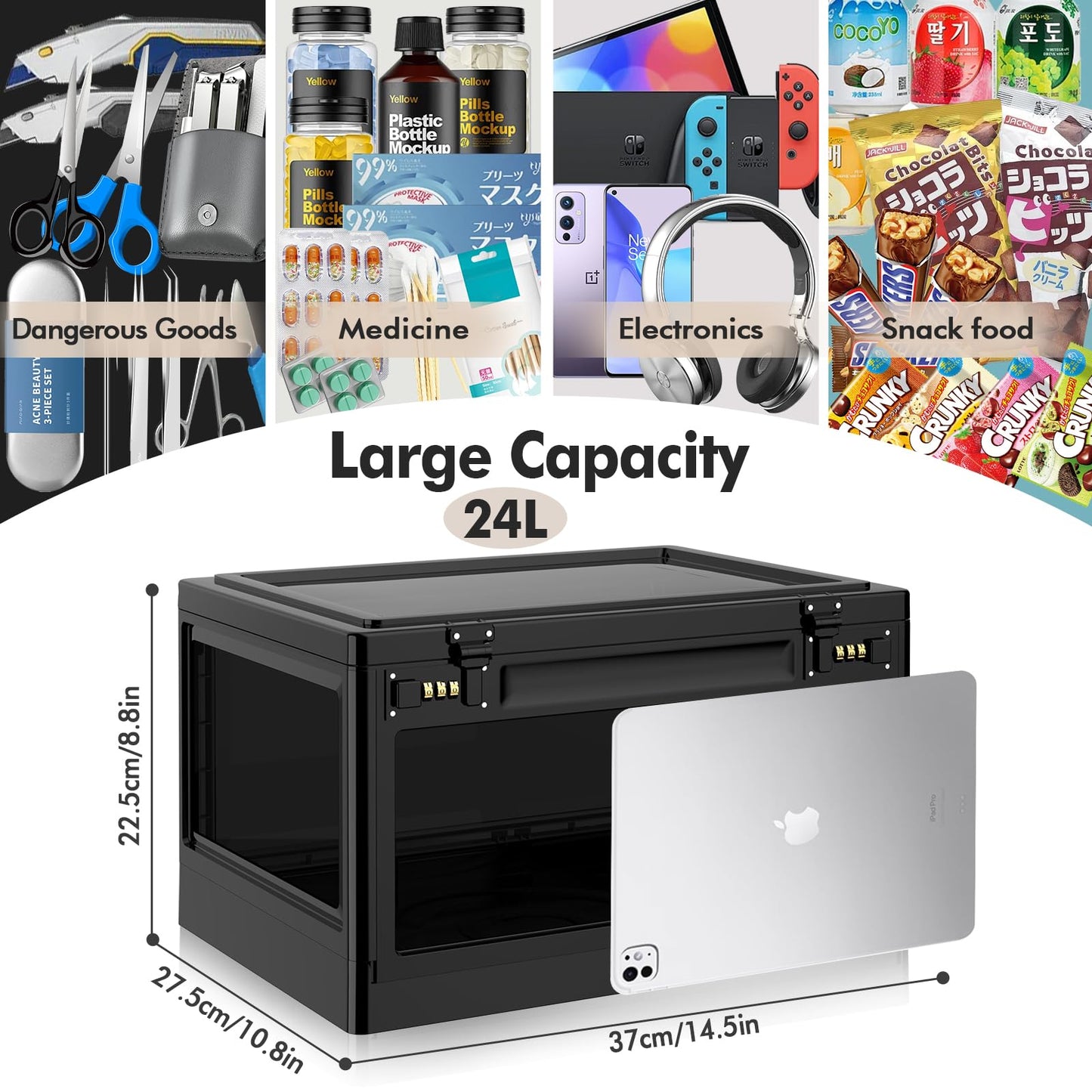Extra Large Lock Box for Medication Safe, Medicine Lockable Storage Box with Code, Phone Lock Boxes for Video Games, Box with Combination Lock for Snacks/Food, Locking Cabinet for Home/Office (Black)