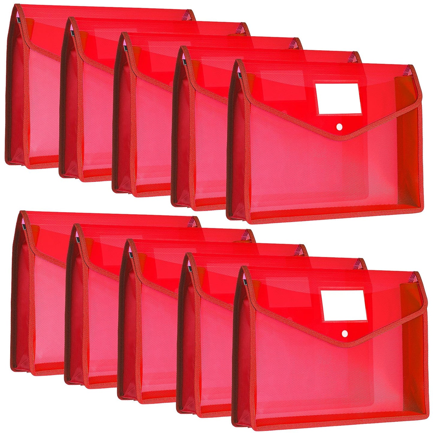 10 Pieces Plastic File Folders Envelope Expanding File Wallet Organizer Documents Folder with Snap Closure and Pocket, A4 Size Waterproof Transparent Pouch(Red,Horizontal)