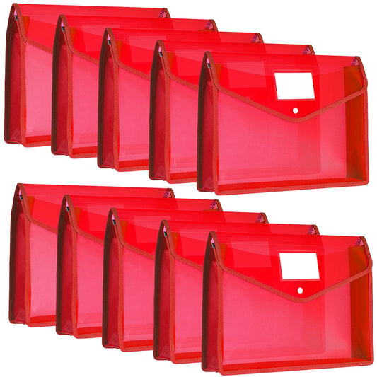 10 Pieces Plastic File Folders Envelope Expanding File Wallet Organizer Documents Folder with Snap Closure and Pocket, A4 Size Waterproof Transparent Pouch(Red,Horizontal)