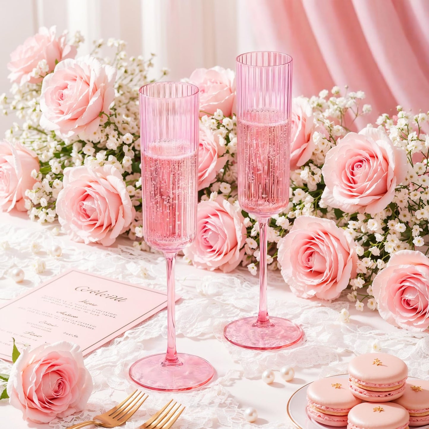 Joyido 36 Pack Pink Plastic Champagne Flutes - 6oz Ribbed Disposable Champagne Glasses - Clear Pink Vintage Mimosa Glasses with Long Stem Elegant & Lightweight for Wedding Party