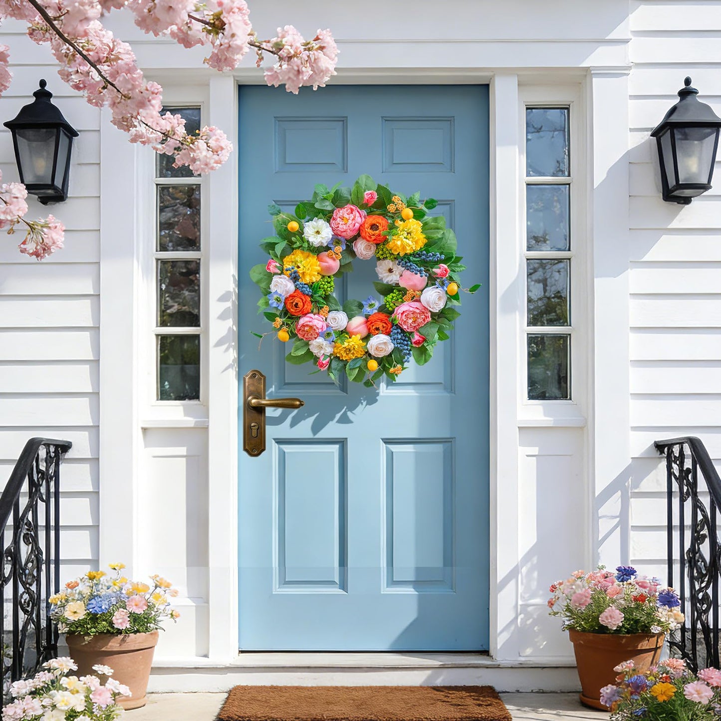 Pinkpuii Spring Wreaths for Front Door 24 Inch Vibrant Spring Summer Wreath with Peonies,Roses,Marigolds,Blueberries & Realistic Fruit Accents (Peach, Lemon)- Ideal for Porch,Entryway,Wall,Window