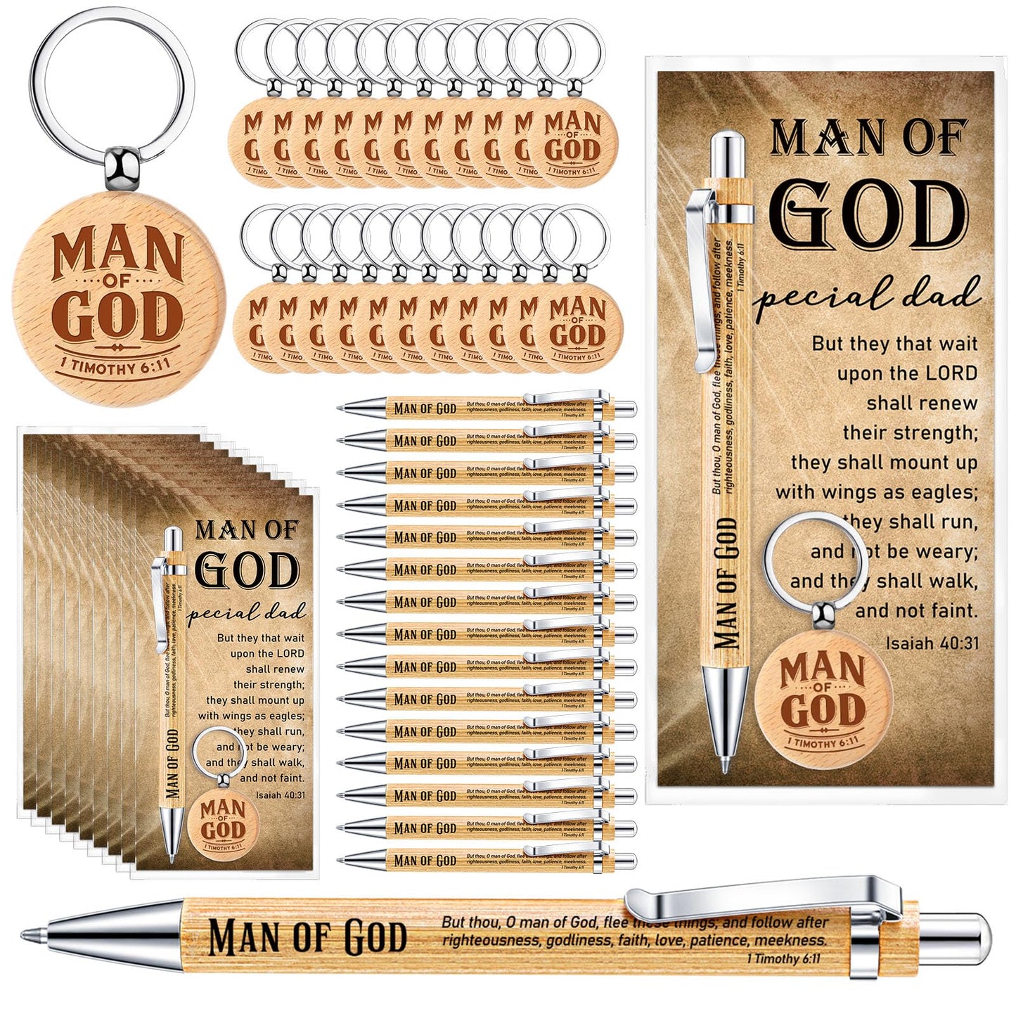 Chiisong 40 Sets Christian Gifts Bulk for Fathers Day Church Man of God Keychain Bible Verse Pen with Scripture Cards for Godfather (Rotundity)