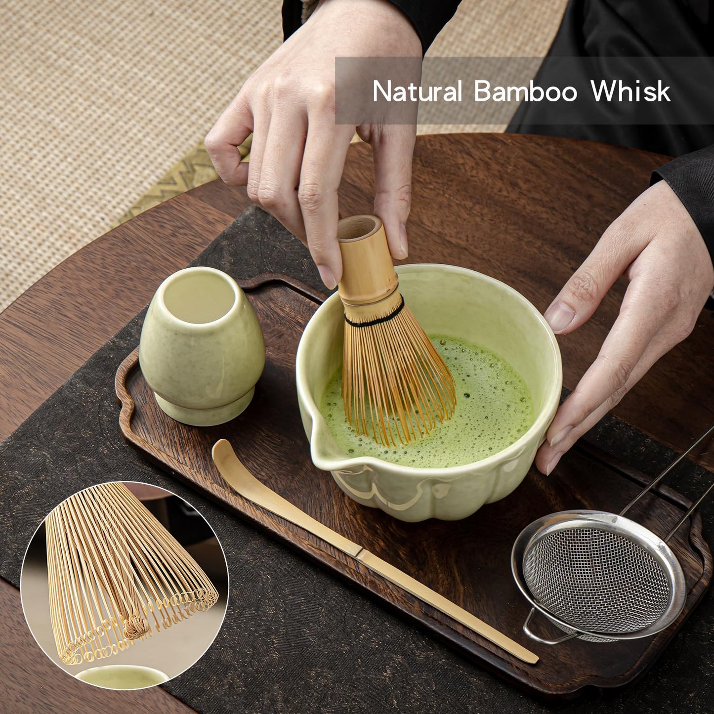 SFTXEY Matcha Whisk Set, Matcha Set Includes Ceramic Matcha Bowl, Bamboo Whisk, Scoop, Chasen Holder, Sifter, 5 Pcs Perfect Matcha Kit for Matcha Lover (Mottled Green)