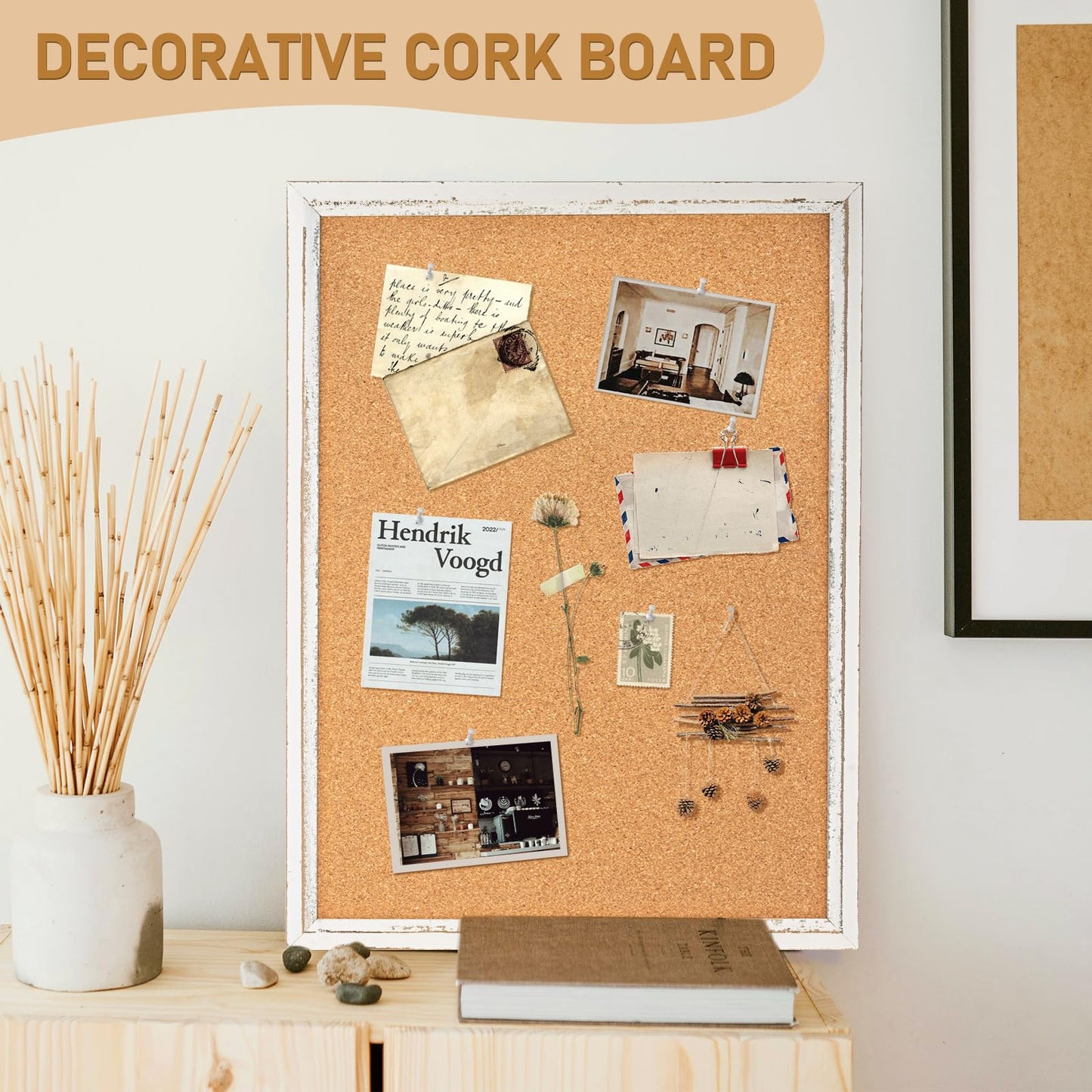 DOLLAR BOSS White Cork Board for Wall - 36 X 24 Inches, Rustic Wooden Frame Bulletin Board, Decorative Hanging Pin Board for Office & Home Decor