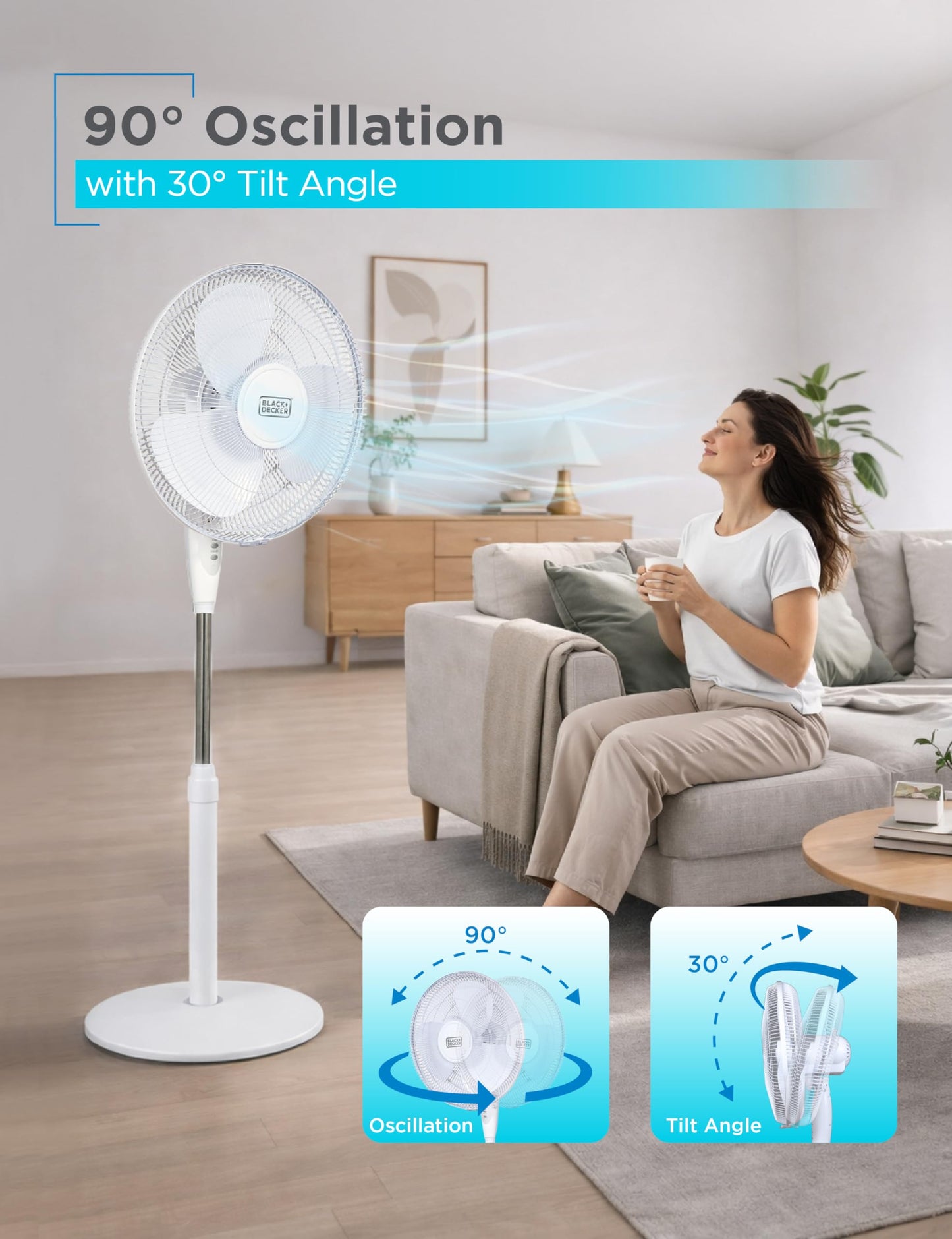 BLACK+DECKER 16" Standing Oscillating Pedestal Fan with Remote, 90-Degree Oscillation, 3 Speed Settings, Adjustable Height, Timer, 30-Degree Tilt, BFSR16W, White