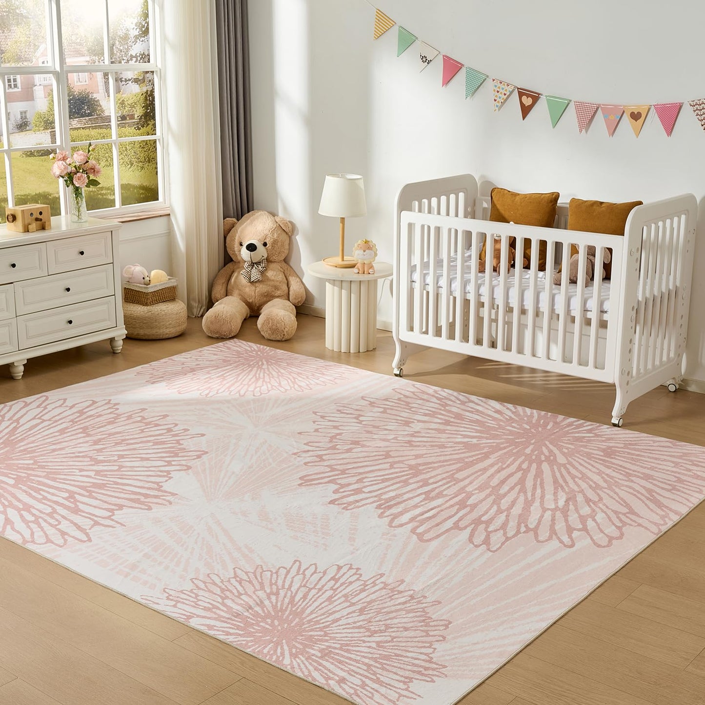Pink Rugs for Bedroom Girls: 6x9 Modern Large Washable Soft Cute Boho Floral Pattern Area Rug Neutral Indoor Floor Non-Slip Carpet for Living Room Dining Nursery Kids Playroom Baby Room House Decor