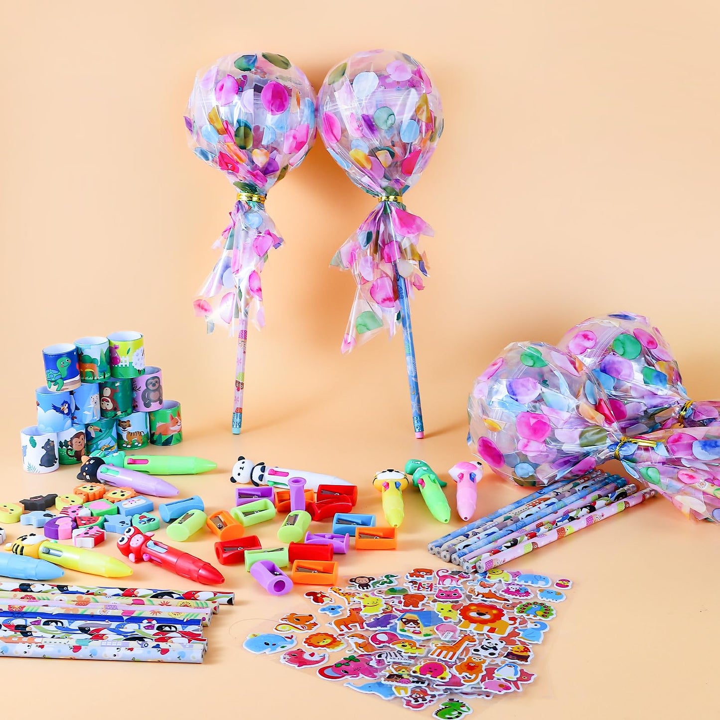 24Pack Giant Lollipop Return Gifts for Birthday Party, Giant Lollipop with Pencils, Stickers, Erasers, 4-in-1 Pen, for Classroom School Exchange Party Supplies