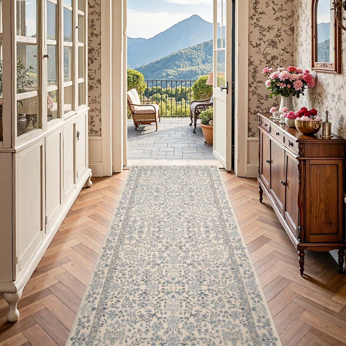 jinchan Zenith Floral Runner Rug 3x8 Washable Kitchen Runner Non-Slip Low-Pile Soft Carpet Runner Botanical Throw Rug for Hallway Entryway Laundry Room Bedroom Blue/Cream