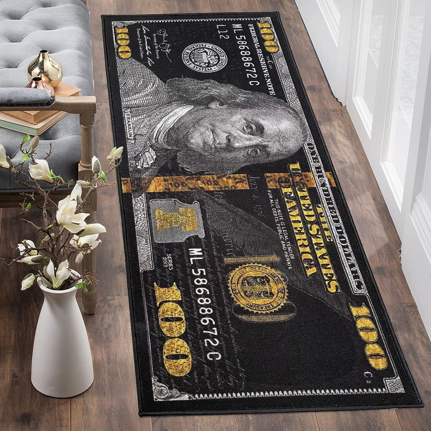 HUAHOO Black Money Rugs 100 Dollar Bill Cool Area Rug Door Mat Runner for Living Room Bedroom Indoor Outdoor Rug (31.5" x 78.7")