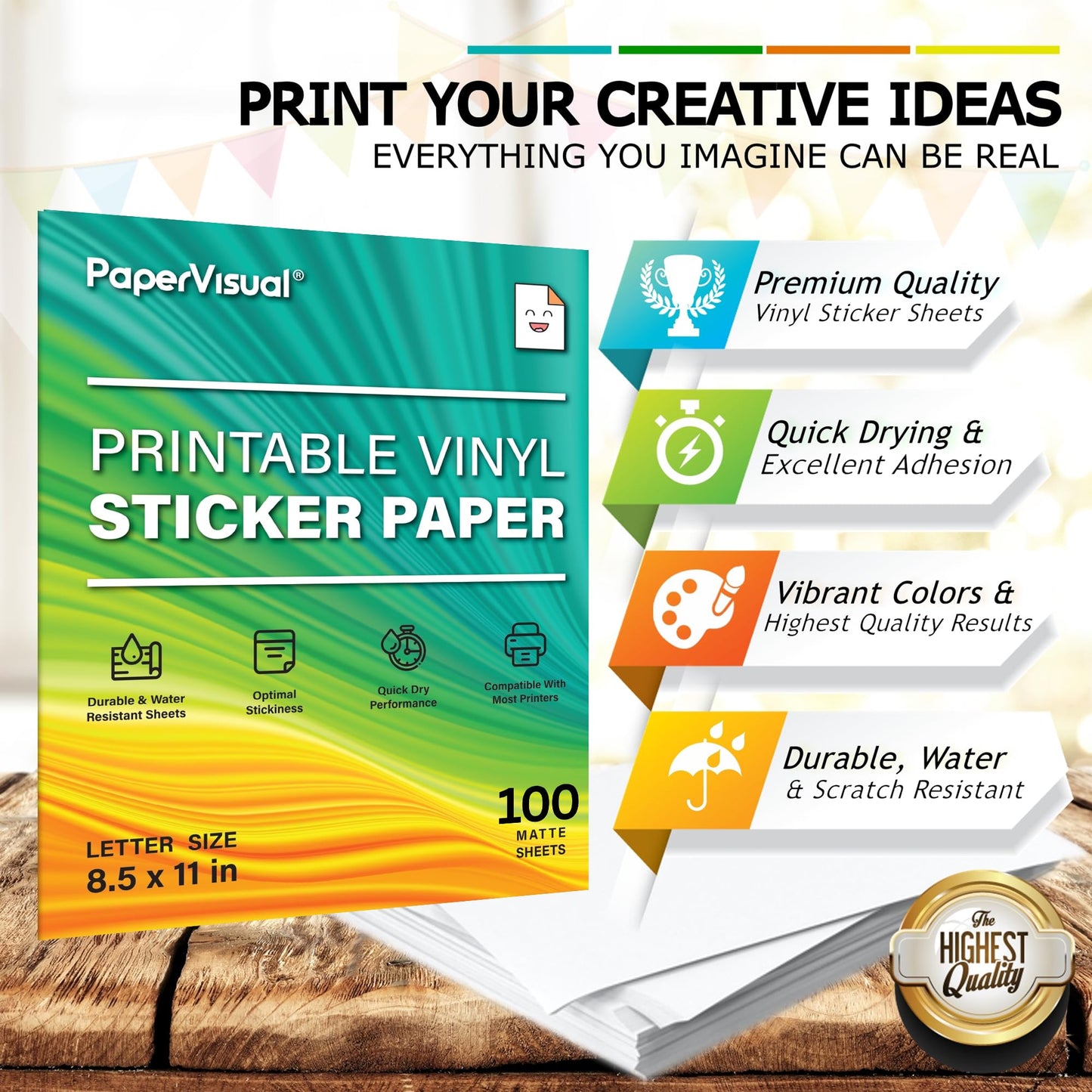 PaperVisual Matte Printable Vinyl Sticker Paper 100 Sheets - Waterproof White, Inkjet & Laser Printer, 8.5x11, Quick Dry, Tear Resistant, Compatible with Cricut & Silhouette -DIY,Labels,SmallBusiness