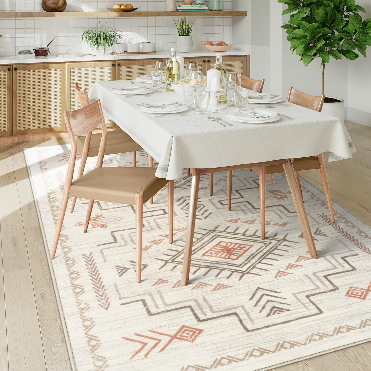 STARUIA Moroccan Washable Area Rug 5x7, Beige Western and Aztec Tribal Boys Neutral Rug for Living Room, Soft Non-Slip Stain Resistant Large Carpet for Bedroom Dining Room