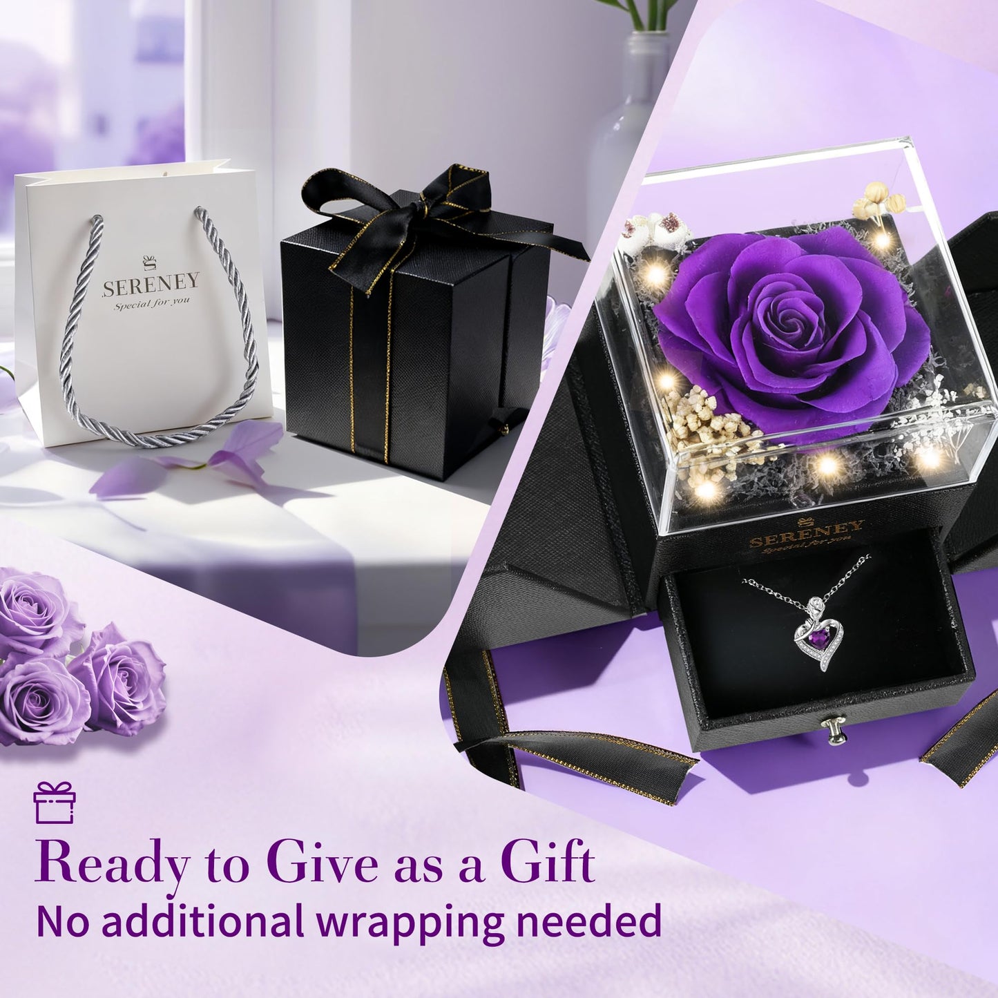Sereney Preserved Purple Flower Rose with Necklace, Forever Flowers Eternal Rose with Purple Heart Jewelry Gifts for Women Mom Wife Grandma Friend as Anniversary Christmas Birthday Gifts
