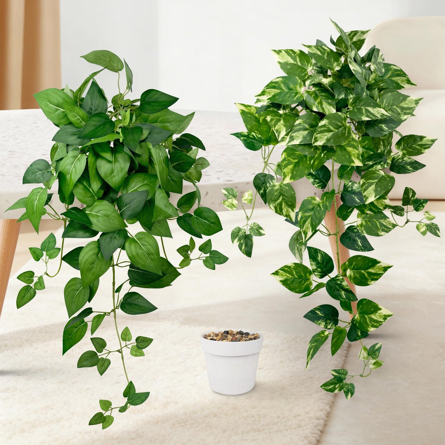 Artificial Hanging Plants with White Pots –2 Pack Fake Pothos Potted Plants Faux Ivy Vines 23.6‘’, Realistic Greenery Hanging Fakeplants Indoor for Home Decor, Bedroom, Bathroom, Office, Living Room