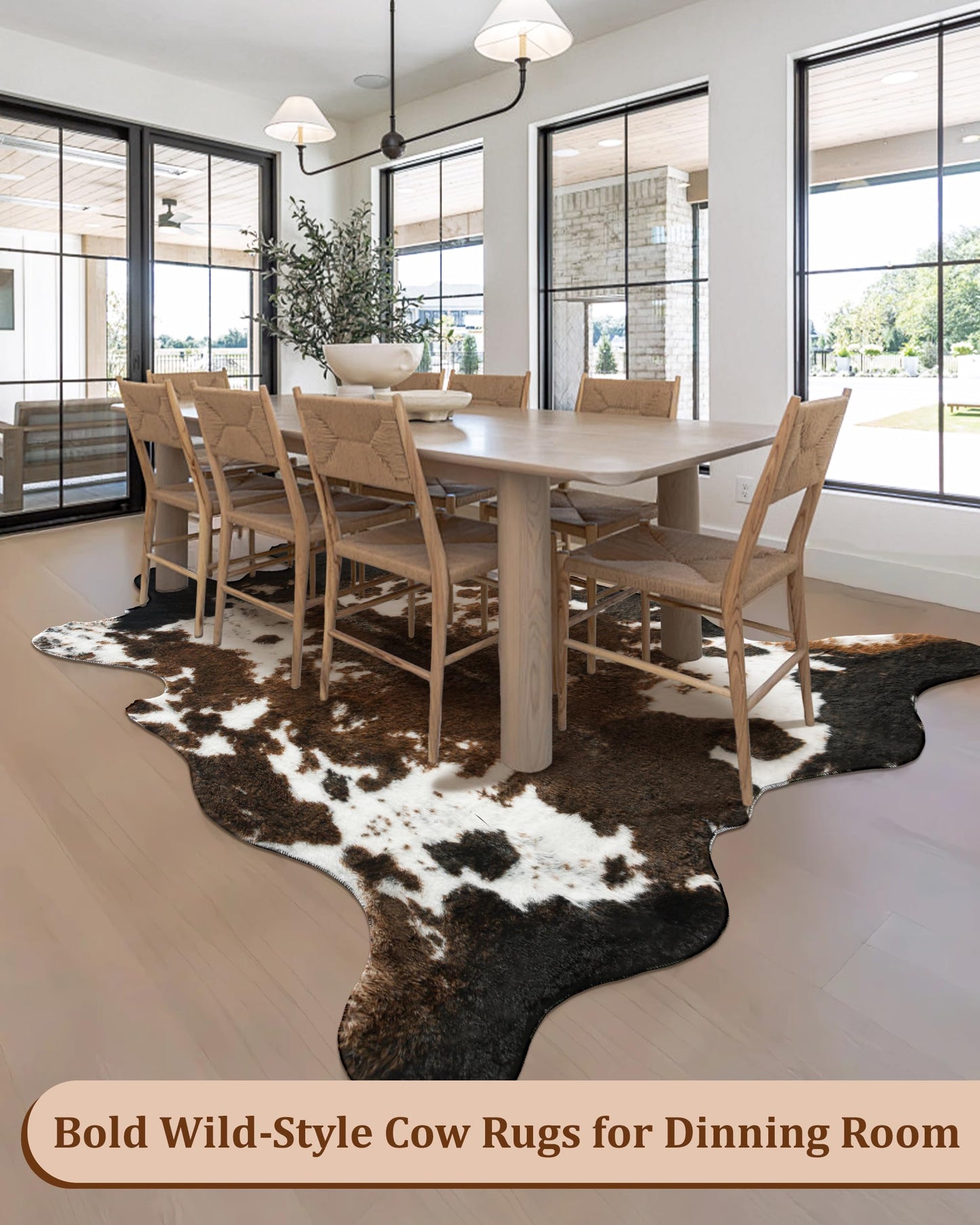 WMT NVMTER Faux Cowhide Rug, Fluffy Fur 4.6x5.2 Feet Washable Cow Print Rug for Living Room Bedroom Animal Print Hide Skin Rustic Western Décor Black and Brown