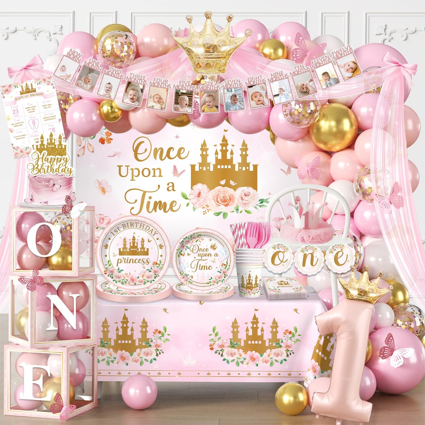 Fexivo 258 PCS Princess First Birthday Decorations, Once Upon A Time Birthday Party Pack Serves 25, with Balloon, Banner, Backdrop, Plates and Napkins, for Girl's First Birthday