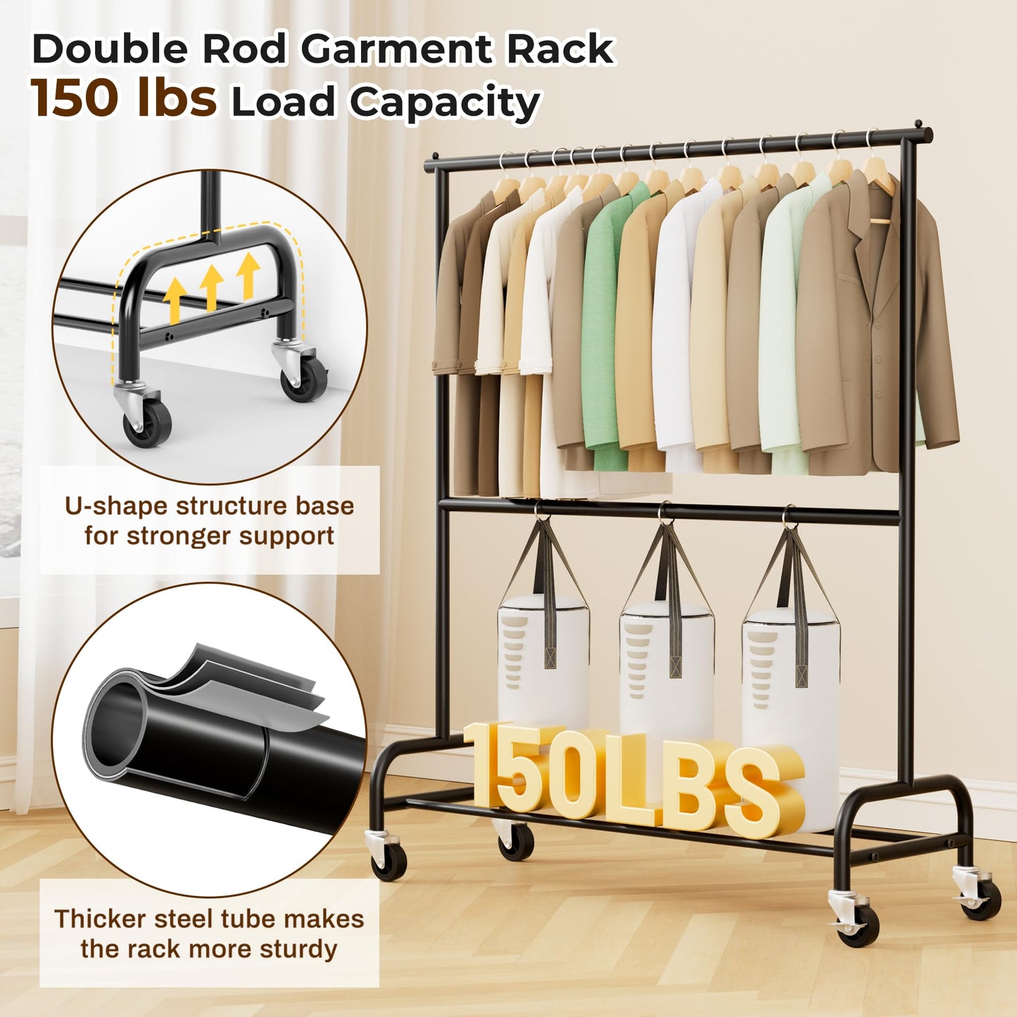MISSLO Heavy Duty Clothes Rack for Hanging Clothes Rolling Clothing Rack Heavy Duty on Wheels for Coat, Garment, Matte Black (Double Rod)
