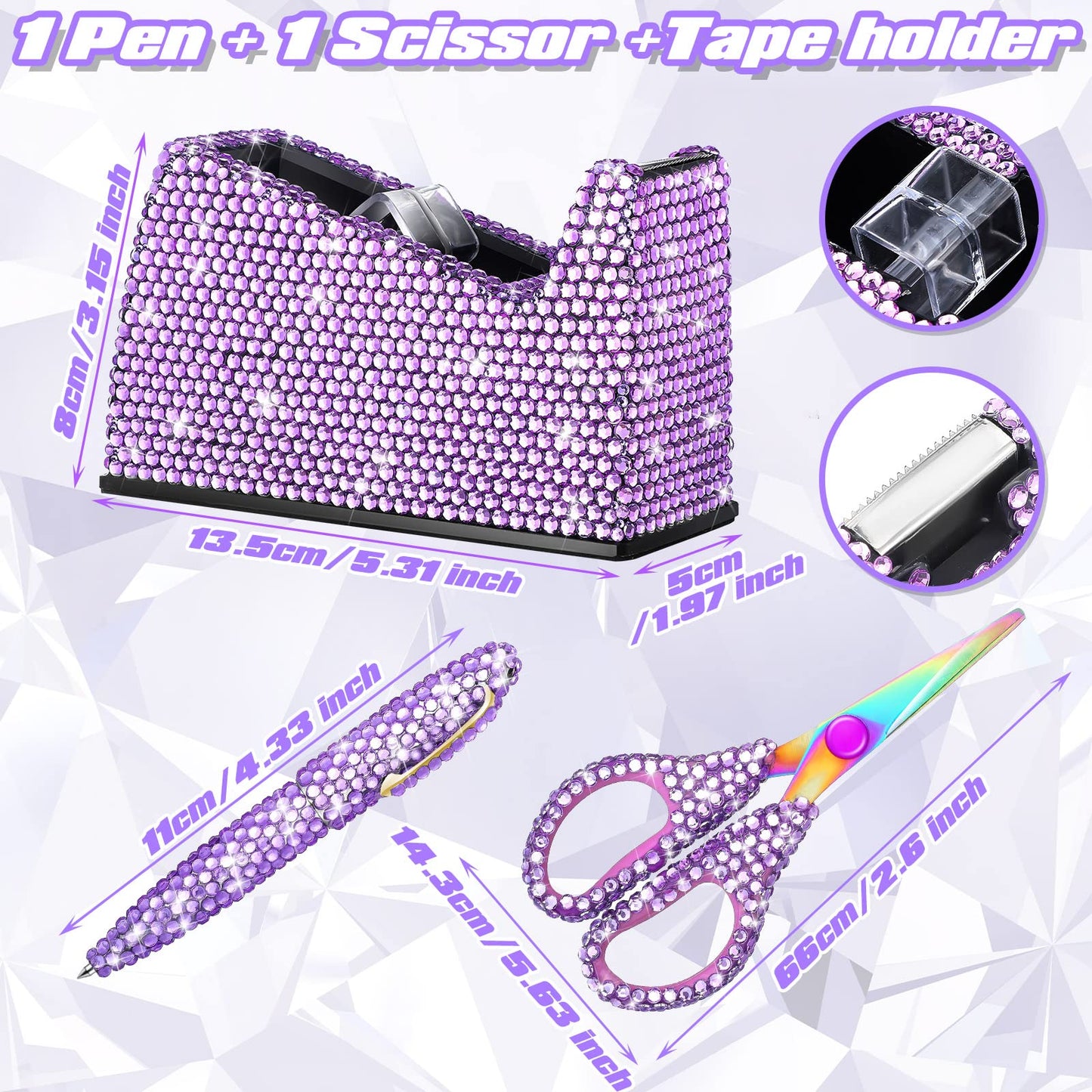 Yunlly 6 Pack Bling Office Stationery Set Desk Accessory Office Set Includes Pen Scissor Stapler Staple Remover 1000 Pcs Staples Tape Dispenser with Diamond Inlay for Home Desk(Purple)
