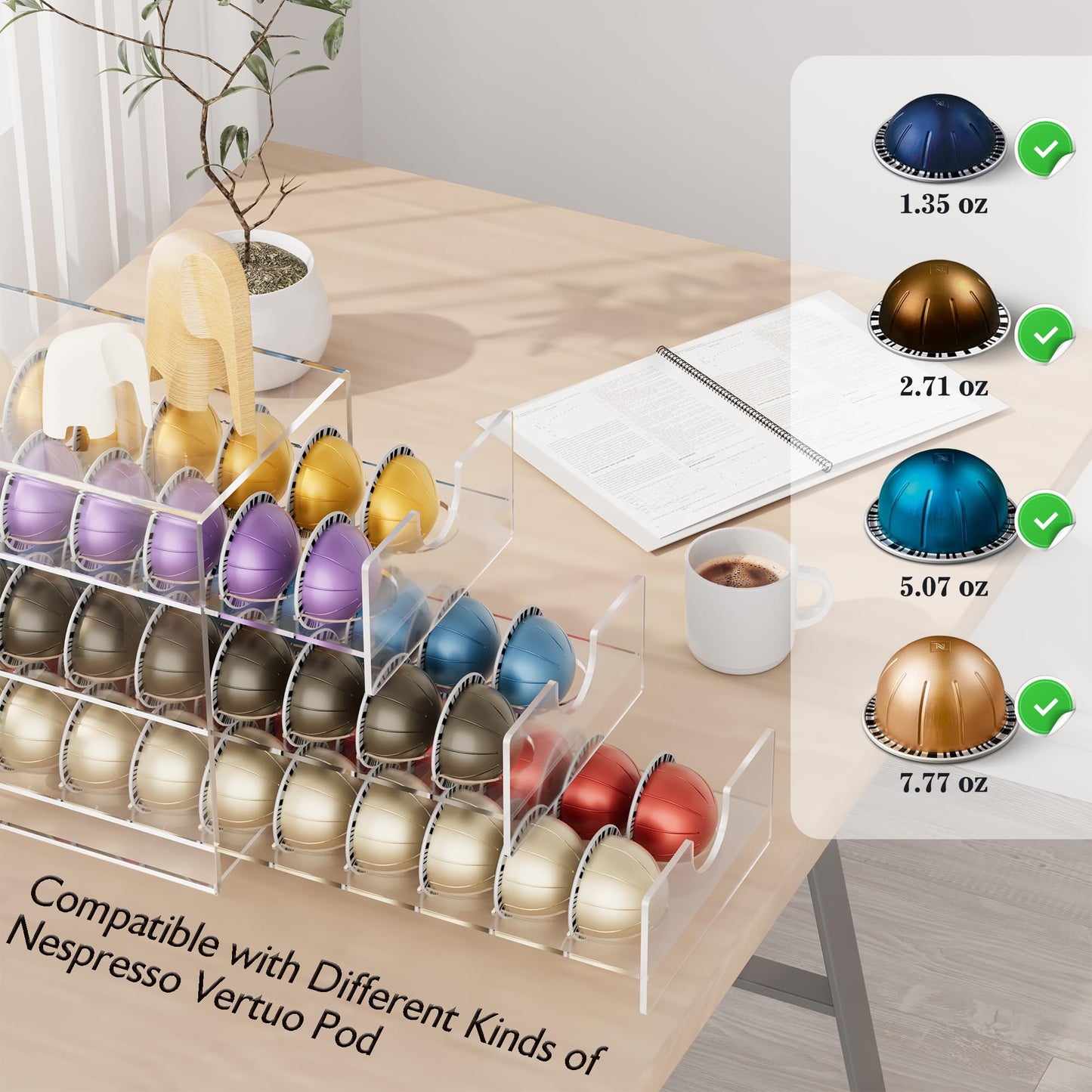 BXINREDA Acrylic Coffee Pod Organizer for Nespresso Vertuo Pod Holder 60 Pods Clear Vertuo Pod Storage Drawer (3 Tier)