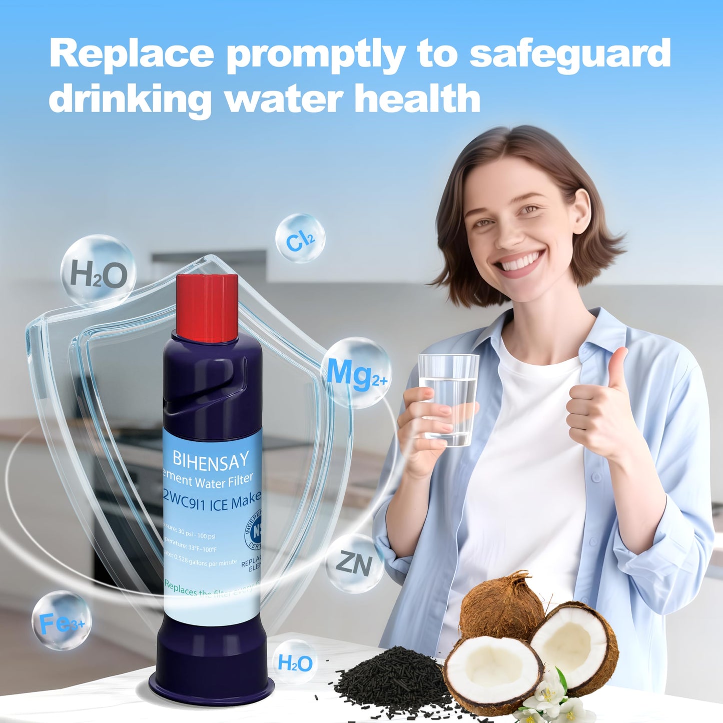 BIHENSAY 3-Pack Replacement Water Filter Exact Fit for ICE2 F2WC9I1 ICE Maker, Used in 50 Ib Ice Maker Machines, Lasts 6 months or 200 gallons