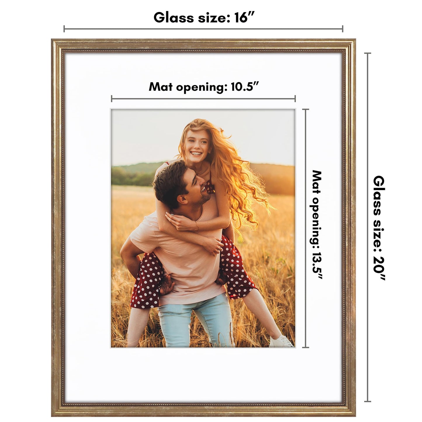 Americanflat Vintage Frames - 16x20 Picture Frame with Beaded Accents and Polished Plexiglass - Use as 11x14 Frame or Display 16x20 Photos Without Mat - Heirloom Collection - Wall Display - Gold
