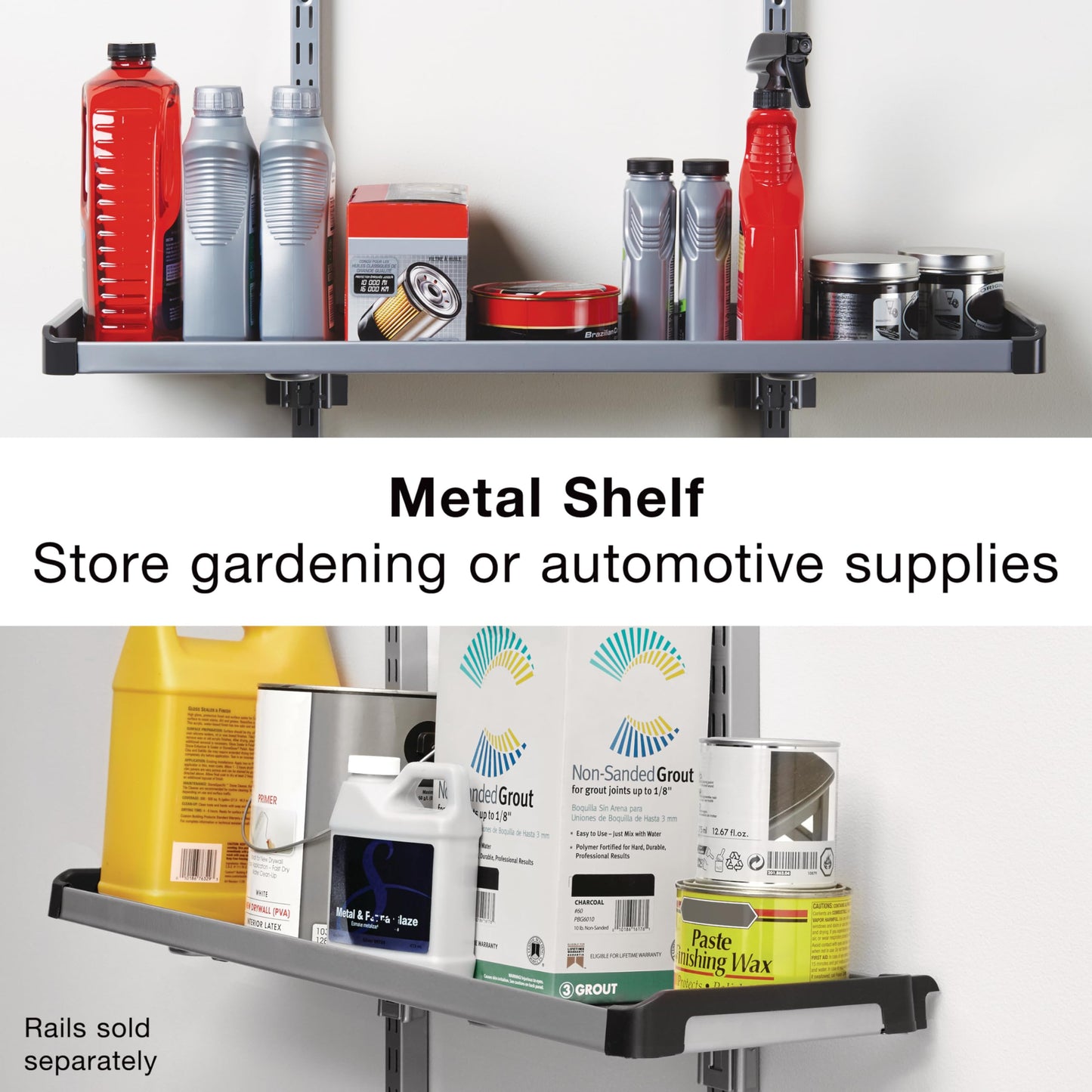 Rubbermaid FastTrack Rail Large Shelf Organization System, Holds up to 50 Pounds, Ideal for Cleaning Products/Garden Supplies/Laundry Products