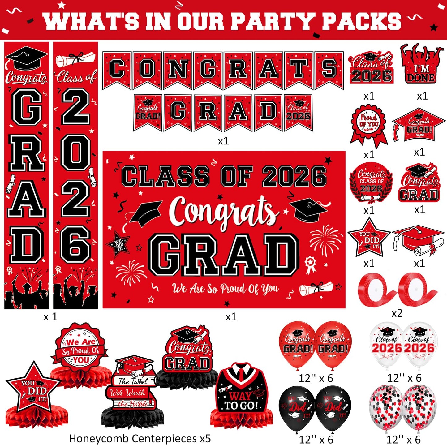 2026 Graduation Decorations, Red and Black Graduation Decorations Set with Congrats Grad Banner & Backdrop, Porch Sign, Hanging Swirls, Balloons, Honeycomb Centerpieces for All Congrats Grad Party Decorations