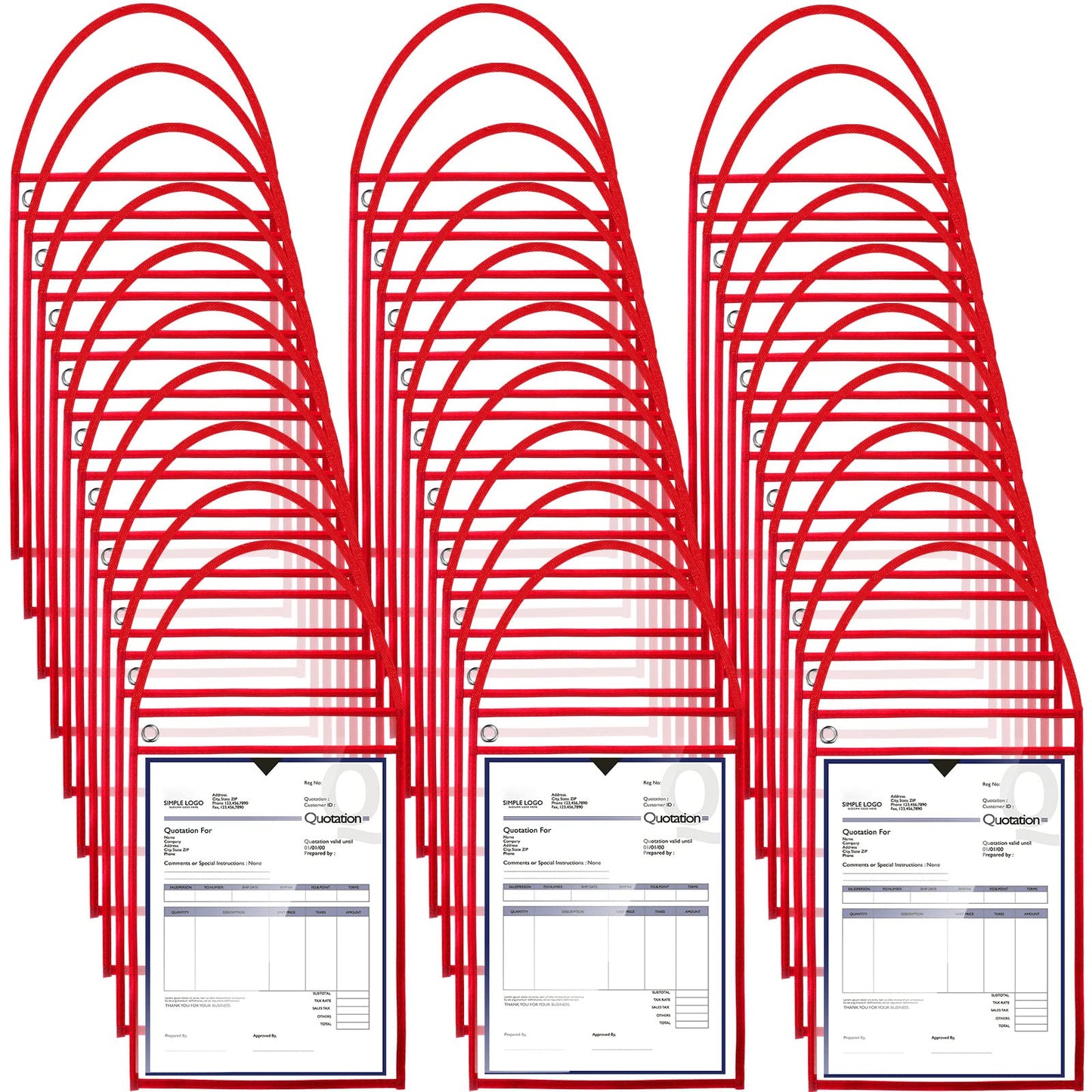 Geyee 50 Pack Job Ticket Holders Work Order Pockets for 9 x 12 Inch Hanging Sleeve Plastic Shop Ticket Holders with Strap, Both Sides Clear(Red)