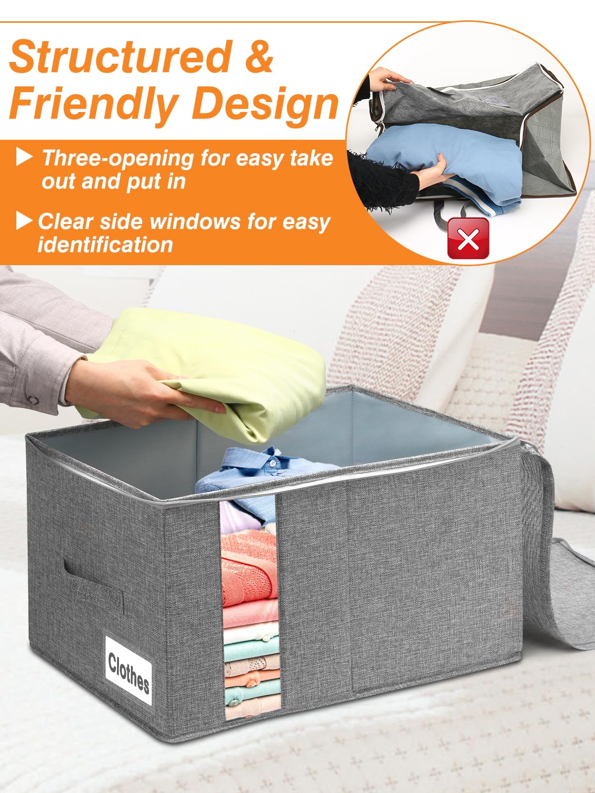 boailydi 60L Blanket/Comforter Storage Bag w/Rigid Side & Bottom Support, Stackable Clothes Storage Bin for Sweaters Bedding Sets Quilts Pillows, Closet Organizer, 21.7x14.2x11.8in, 2 Pack, Gray