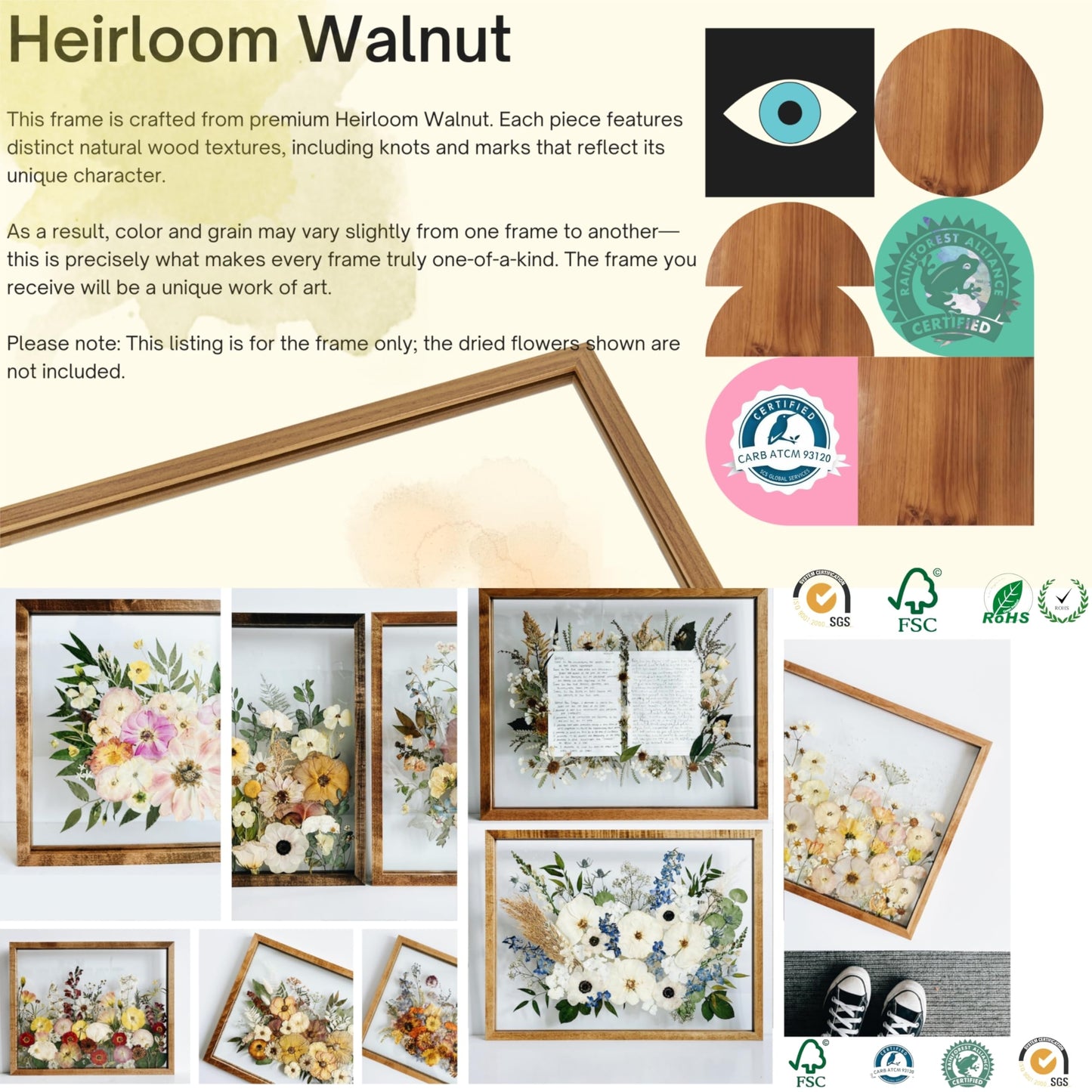 Volakk Floating Frames 16x20 Walnut Wood Shadow Box Frame For Pressed Flower Floater Double UV Glass Pressed Flower Floating Frame 20x24 Bouquet Frames For Wedding Memory