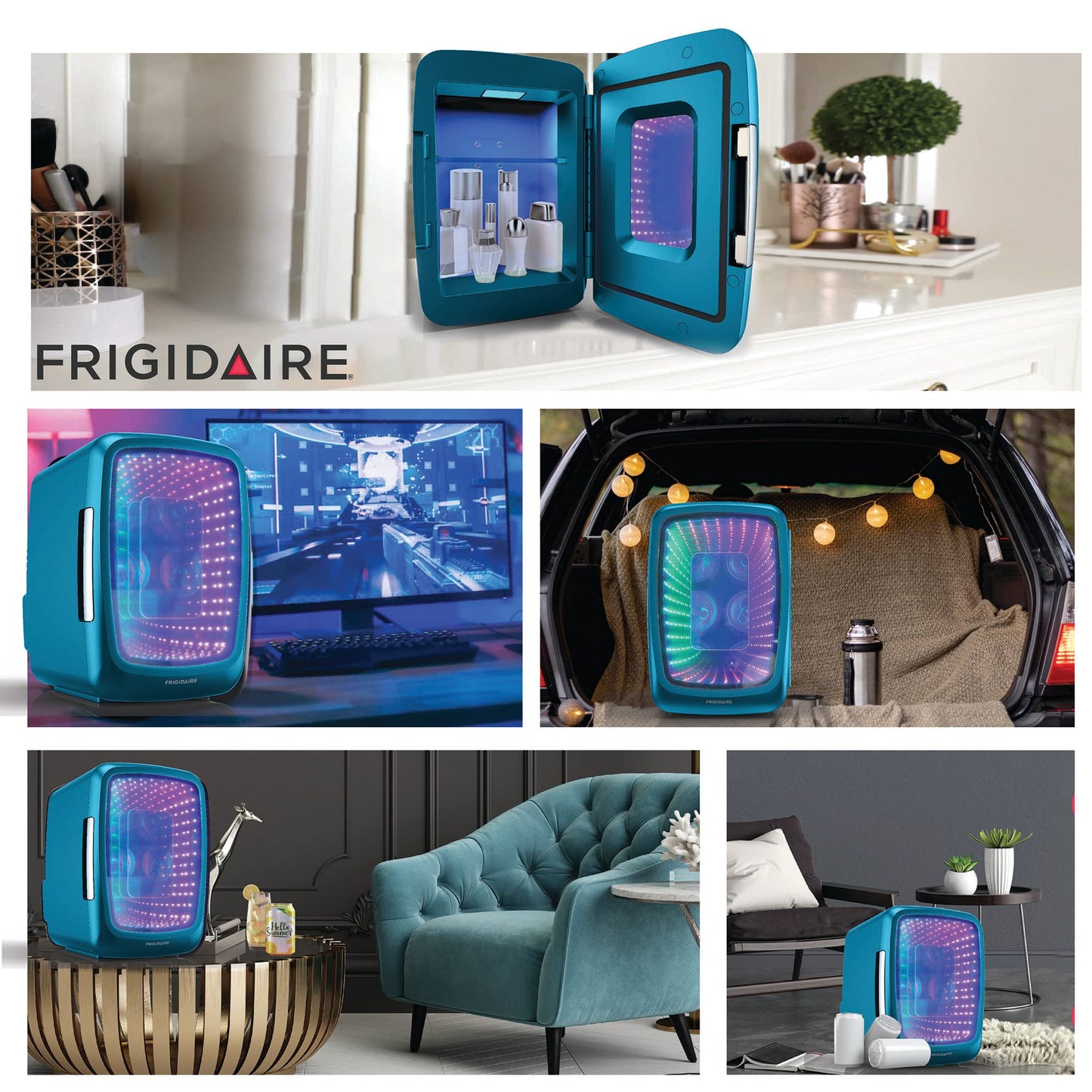 Frigidaire Gaming Light Up Mini Beverage Refrigerator, 6 can, 4 liters, Cooler with large see through door and LED lights Perfect for Gaming Experience, Home, Office, or Cars.12V Charger (Blue)