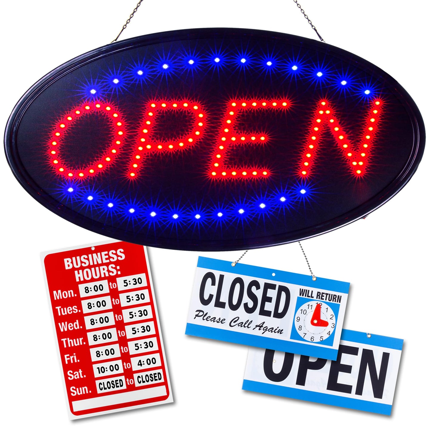 Ultima LED Neon Open Sign for Business: Oval LED Sign with Flashing Mode for Stores - Includes Business Hours and Open & Closed Signs