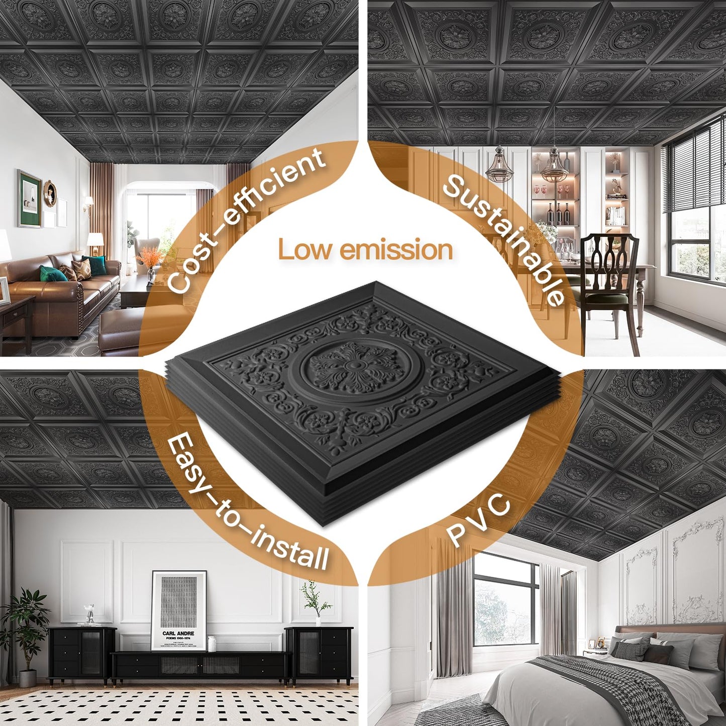 WOWSTAR 12-Pack 24"x24" Drop Ceiling Tiles, Waterproof Glue Up Vintage Style 3D Ceiling Tiles, Black