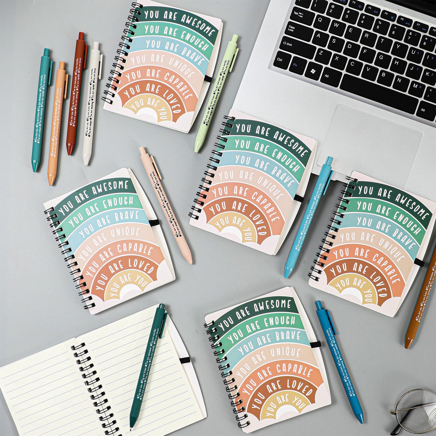 Thenshop 60 Pcs Mental Health Awareness Gifts Bulk 30 Self Care Notebook Journals 30 Positive Affirmation Pens for Women Office Staff Nurse Teacher Appreciation Student End of Year Gifts (Rainbow)