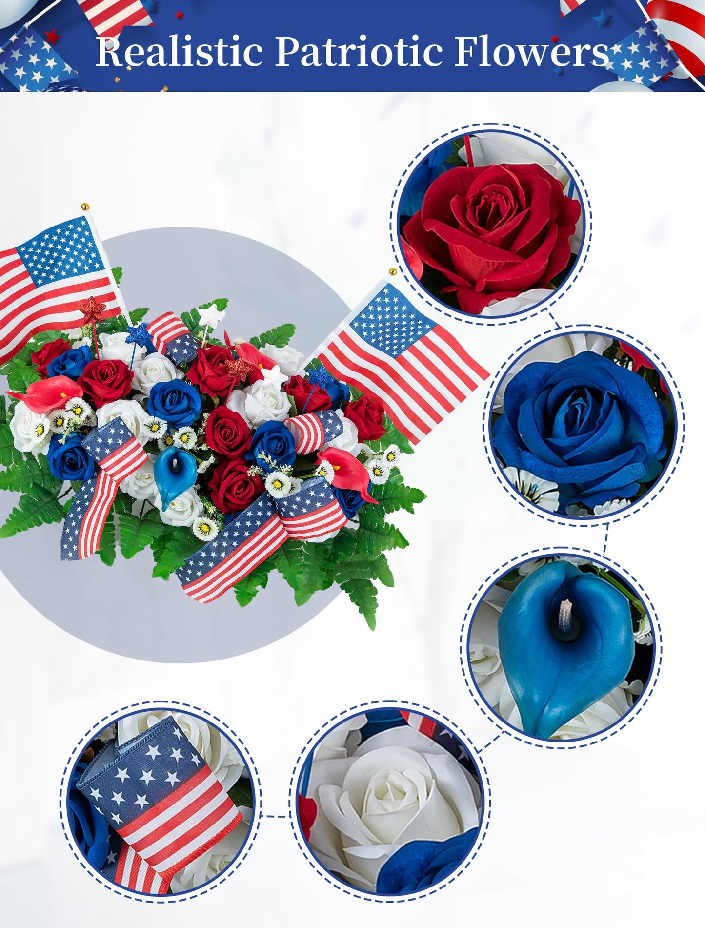Memobloom Memorial Day Decorations for Cemetery: Patriotic Red White Blue Headstone Flower Saddle - Outdoor Artificial Velet Roses Cemetery Flowers for Grave with Flags for 250th Birthday of America