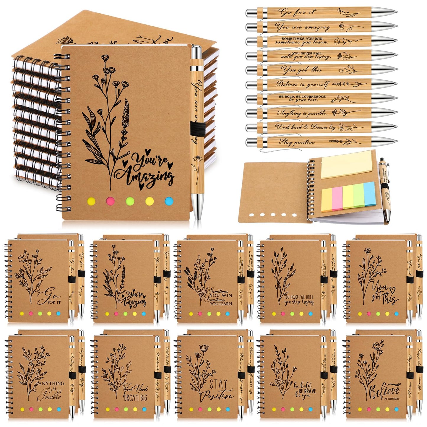 Watersay 20 Set End of Year Gifts for Teacher Students Bulk Inspirational Notebooks with Thank You Pens Employee Coworkers Staff Appreciation Gifts Volunteer Women Men (Boho Froal)